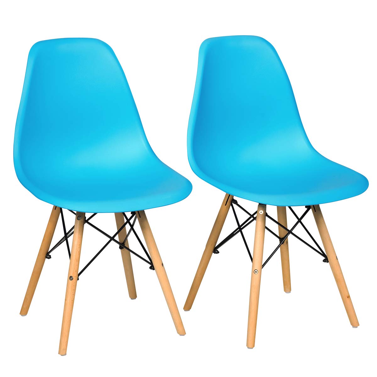 GOFLAME DSW Dining Chairs Set of 4 - Modern Shell Plastic Chairs with Wooden Legs, Armless Eiffel Style Side Chairs with Ergonomic Backrest - Perfect for Kitchen, Dining Room, Living Room & Bedroom - Blue