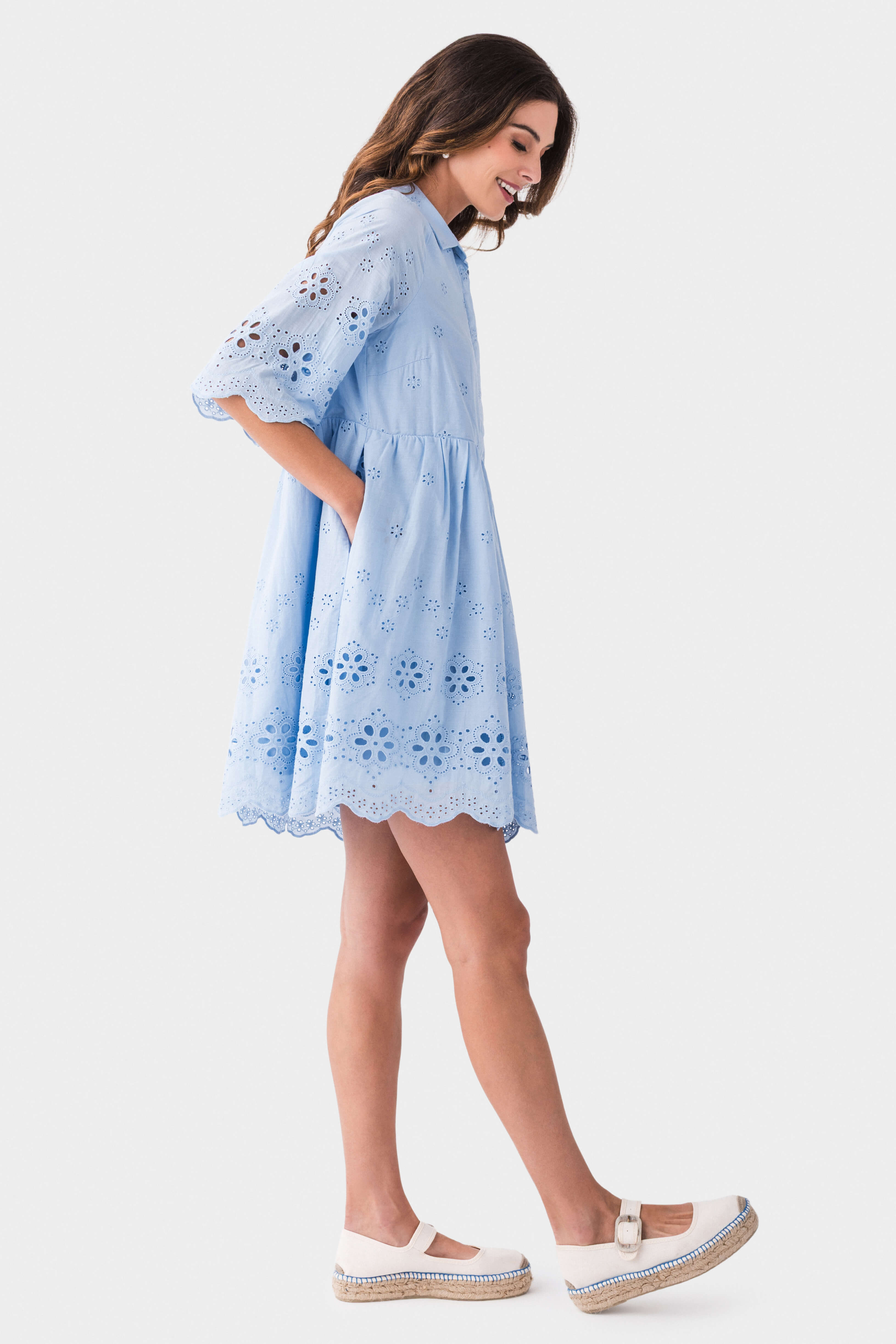 AnnieWear Women's Embroidered Scallop Detail Mini Dress - Floral Summer Party Cocktail Dress for Weddings, Dates & Special Occasions