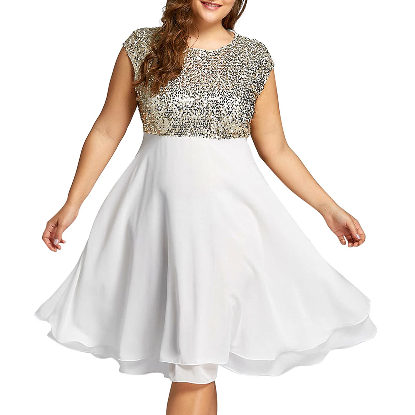Sparkly Sequin Party Dress for Women Plus Size - Elegant Cocktail Mini Dress with Sheer Mesh & Flowy Design, Sleeveless Formal Gown for Wedding Guest, Night Out & Special Occasions