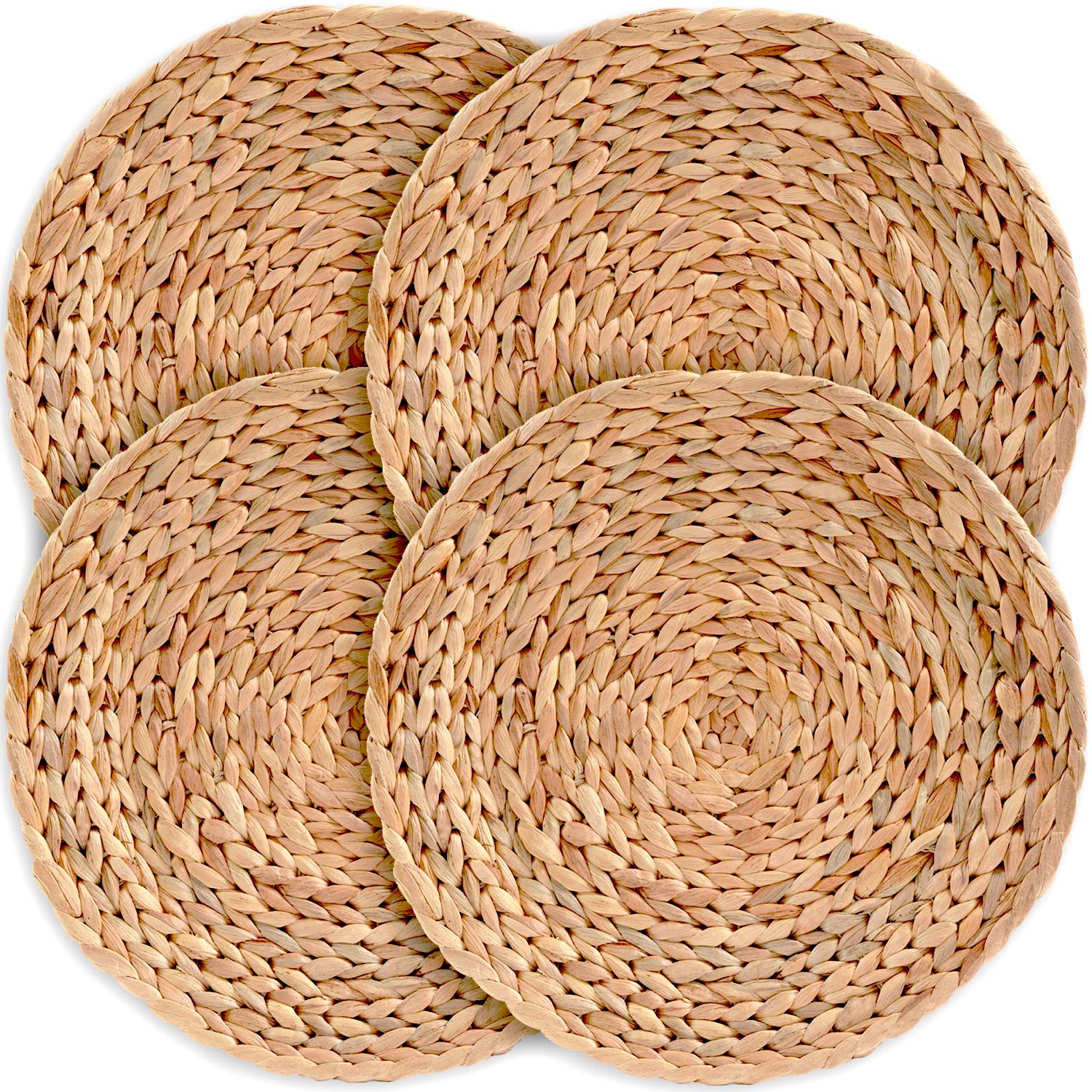 Handmade Water Hyacinth Placemats Set of 4 - 13.4 Inch Round Woven Dining Table Mats for Hot Dishes, Heat Resistant Kitchen Table Decor - Perfect for Family Dinners & Entertaining Guests