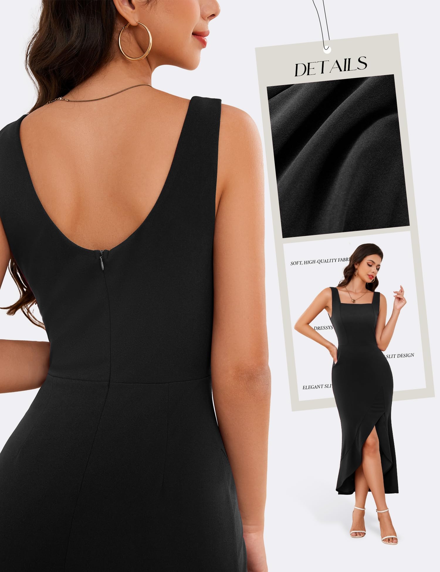 Elegant Square Neck Bodycon Dress for Women - Sleeveless Ruffled Cocktail Dress with Slit, Perfect for Wedding Guest, Evening Party, Prom & Formal Events