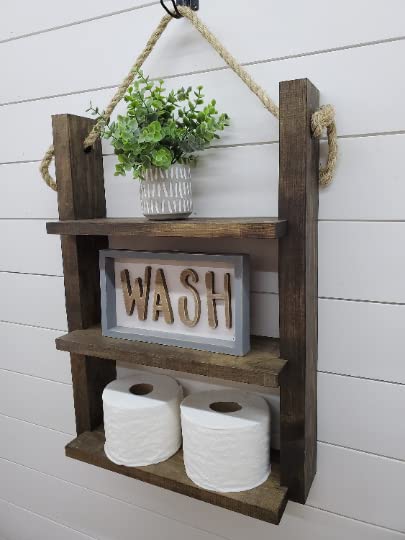Rustic Farmhouse Rope Hanging Ladder Shelf - Bathroom & Home Decor for Storage and Display - Perfect for Towels, Blankets, Plants, and Decorative Items