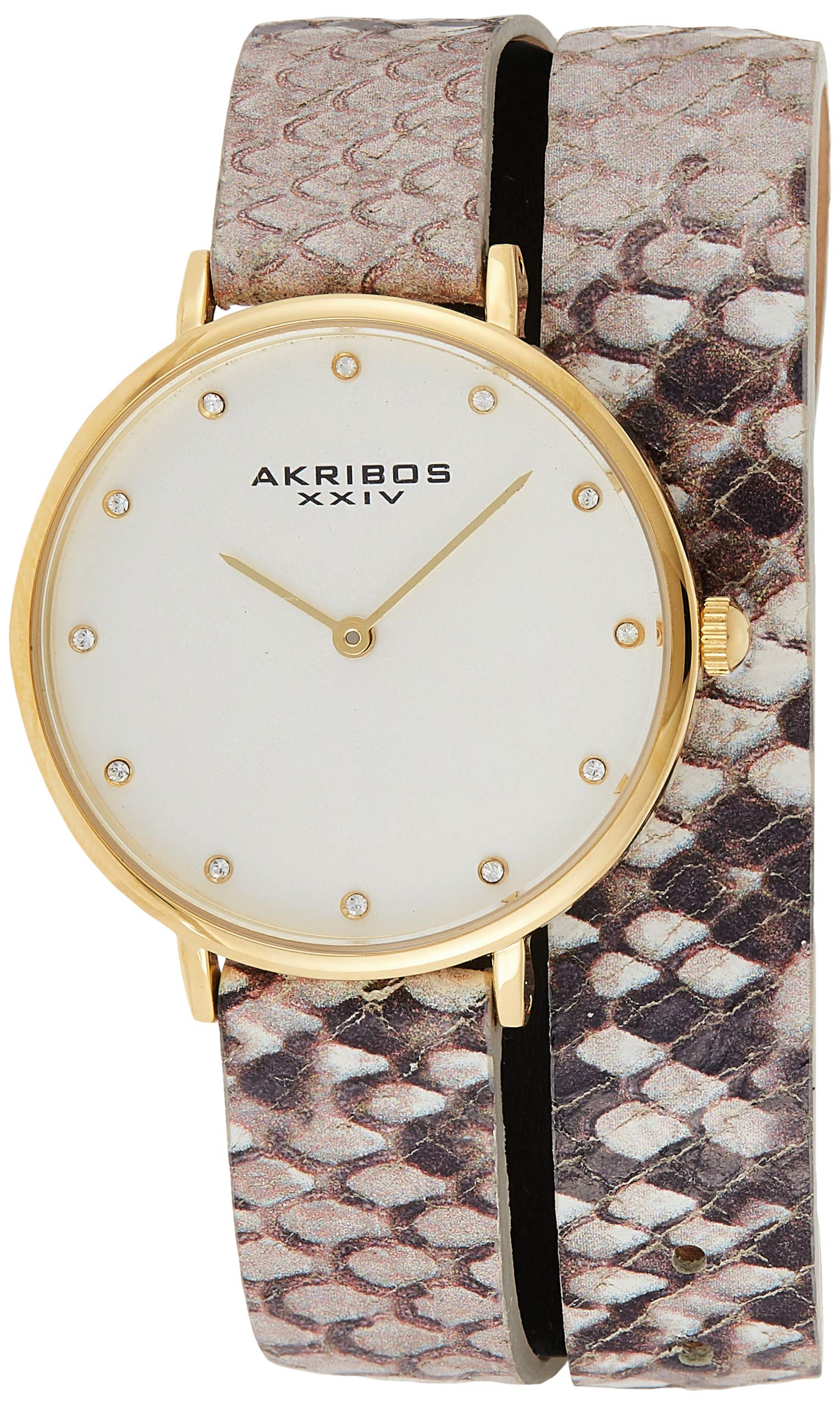 Akribos XXIV Women's Swarovski Crystal Watch - 12 Genuine Crystal Hour Markers on Snakeskin Leather Double Strap - Luxury Dress Watch for Women - Perfect for Office, Party & Special Occasions (Model AK923)