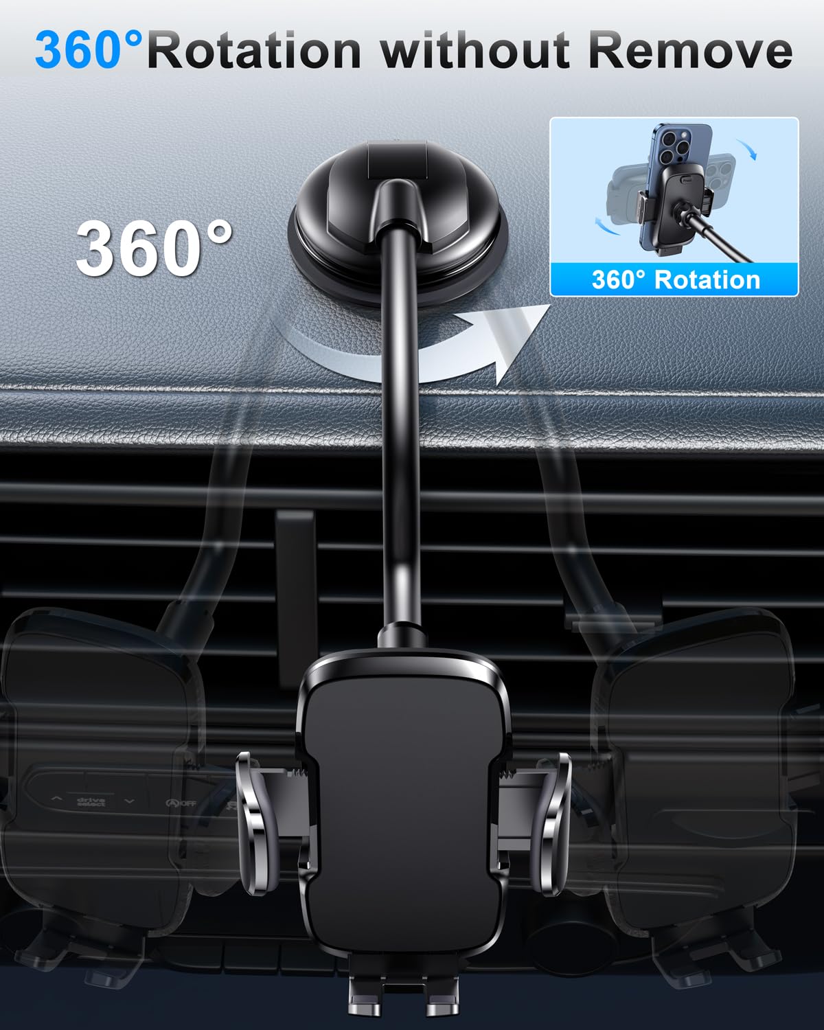 Premium Car Phone Holder - Flexible Long Arm & Anti-Shake Dashboard & Windshield Mount for iPhone & Android Smartphones | Perfect for GPS Navigation, Hands-Free Calls & Road Trips