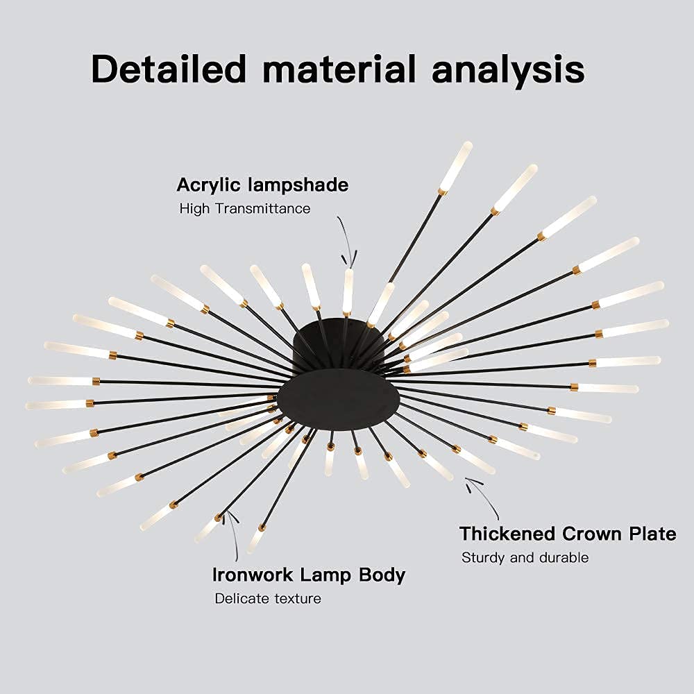 Modern Flower Shape Ceiling Light Fixture - 28-LED Sputnik Firework Petal Chandelier for Dining Room, Kitchen, Hallway | Flush Mount Metal & Acrylic Design (Matte Black) | Perfect for Modern Home Decor, Restaurant Lighting and Commercial Spaces
