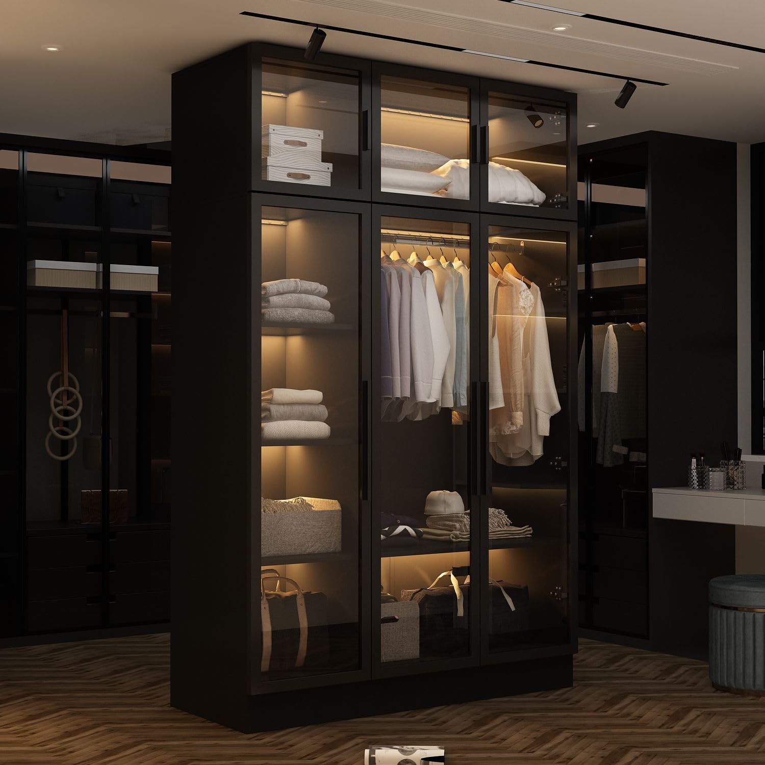 FAMAPY Black Glass Wardrobe Closet with LED Lights - 47.2