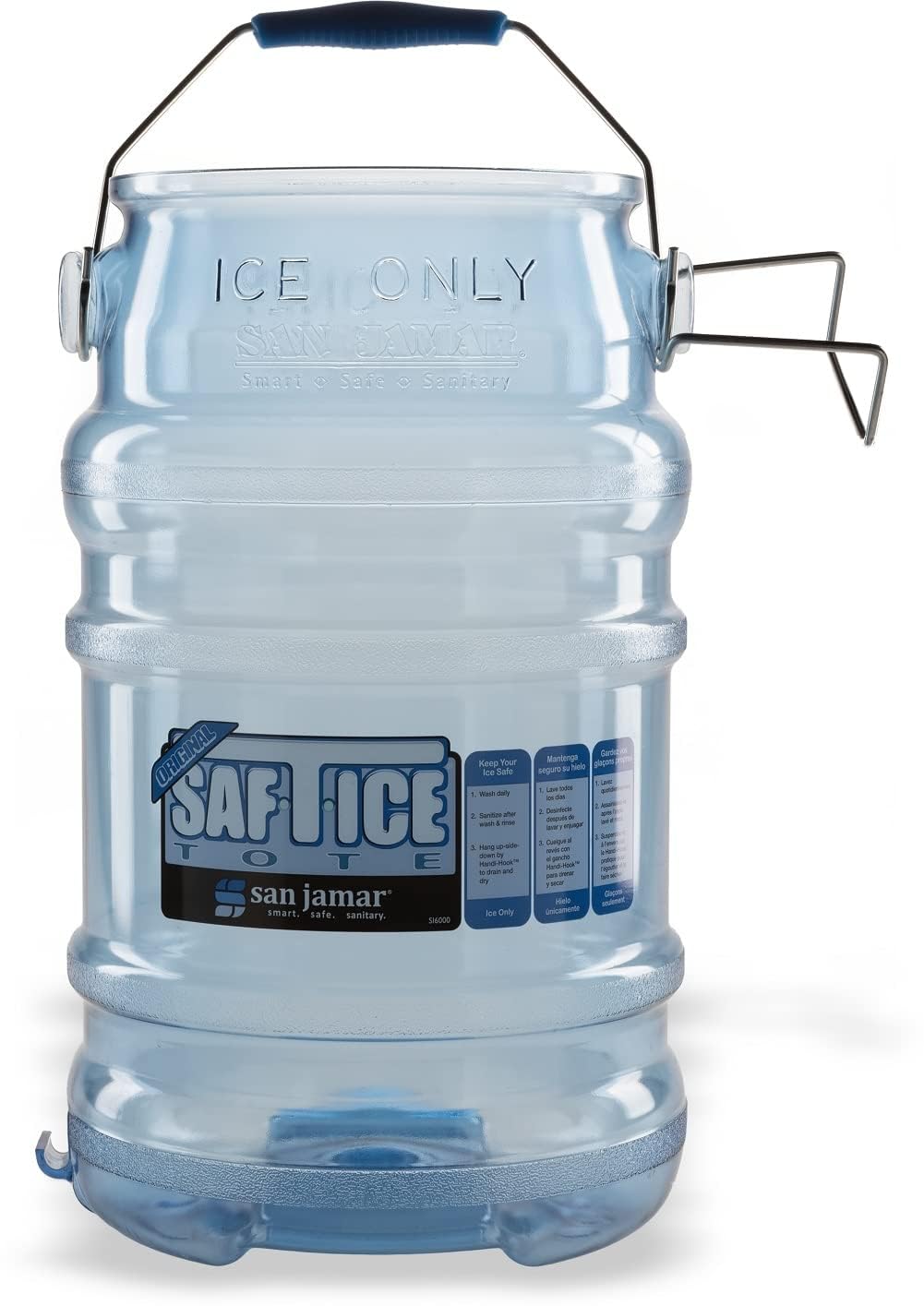 San Jamar Saf-T-Ice 6 Gallon Blue Polycarbonate Ice Tote with Ice Machine Hanger - Durable Commercial Ice Bin for Bars, Restaurants, Kitchens & Fast Food - Perfect for Beverage Service, Food Prep & Outdoor Events (Pack of 2)