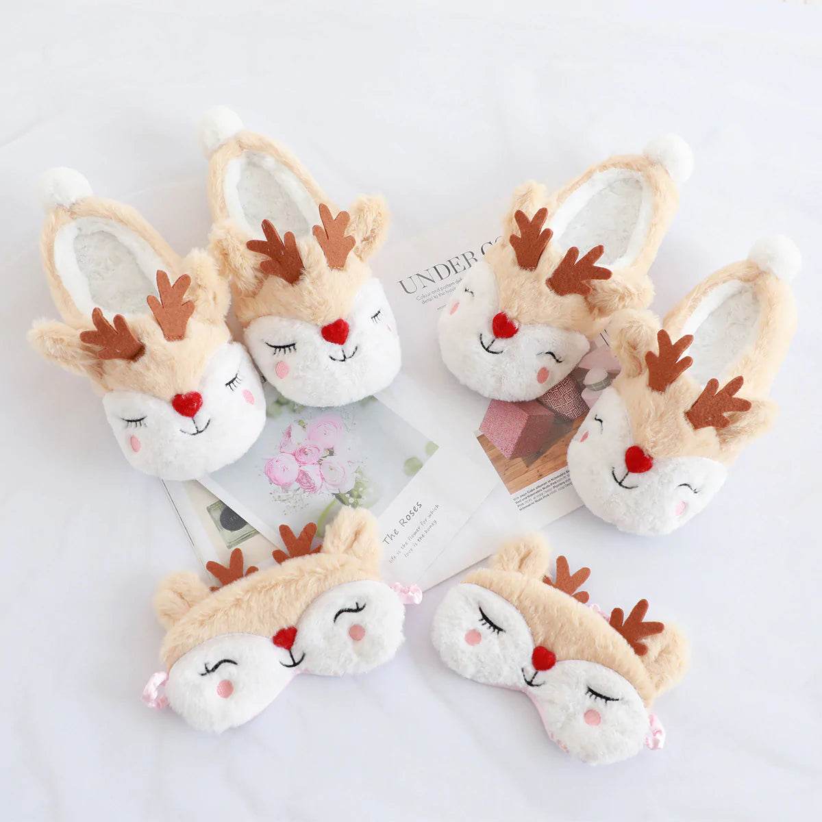 Snugglee Plush Reindeer Rudolf Indoor Slippers - Soft Christmas Themed House Shoes for Women & Kids - Perfect for Holiday Parties, Cozy Home Wear & Winter Gift Giving