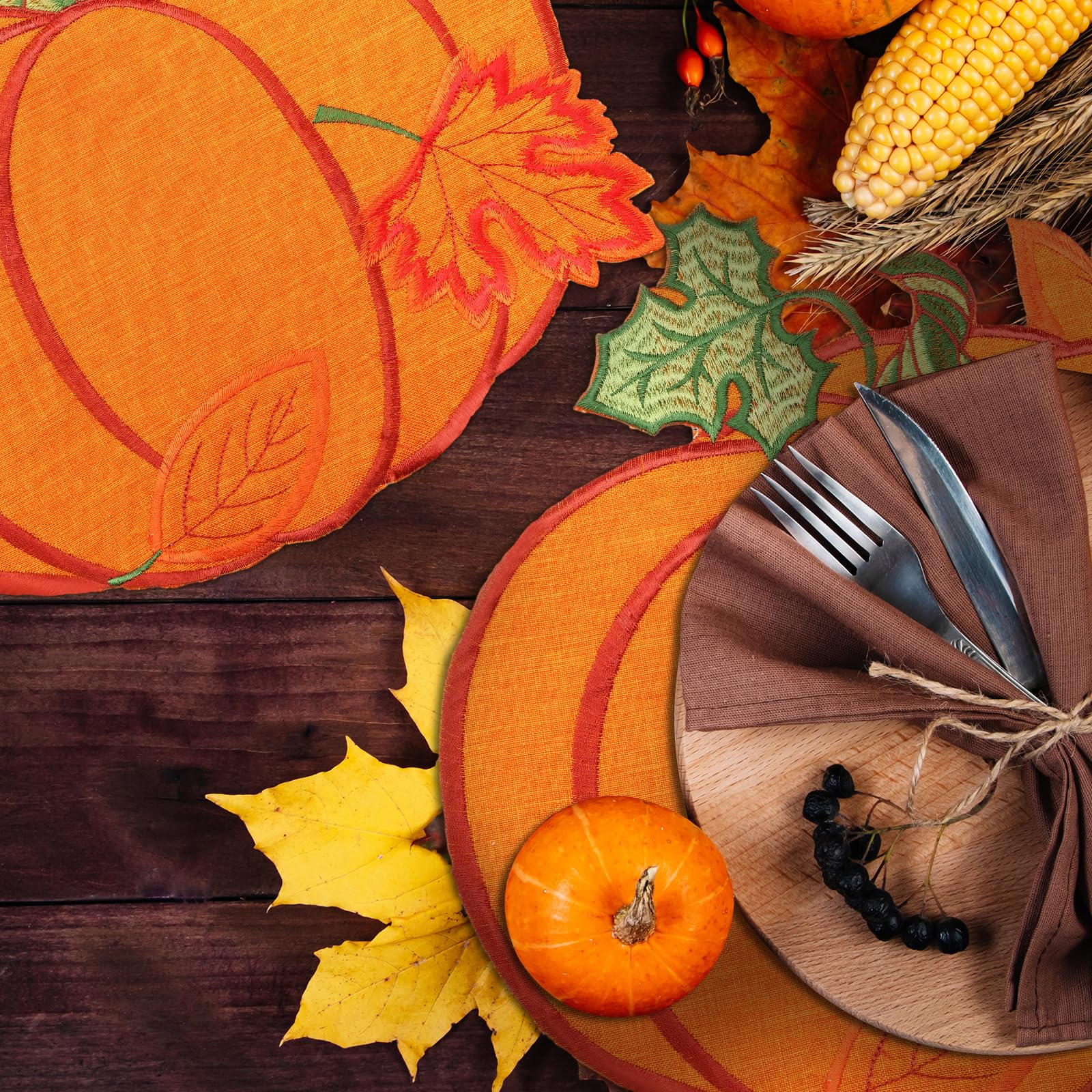 6 Pack Fall Pumpkin Placemats - 14'' Round Embroidered Thanksgiving Table Mats in Harvest Orange for Autumn Decor | Perfect for Holiday Parties, Kitchen & Dining Table Decorations