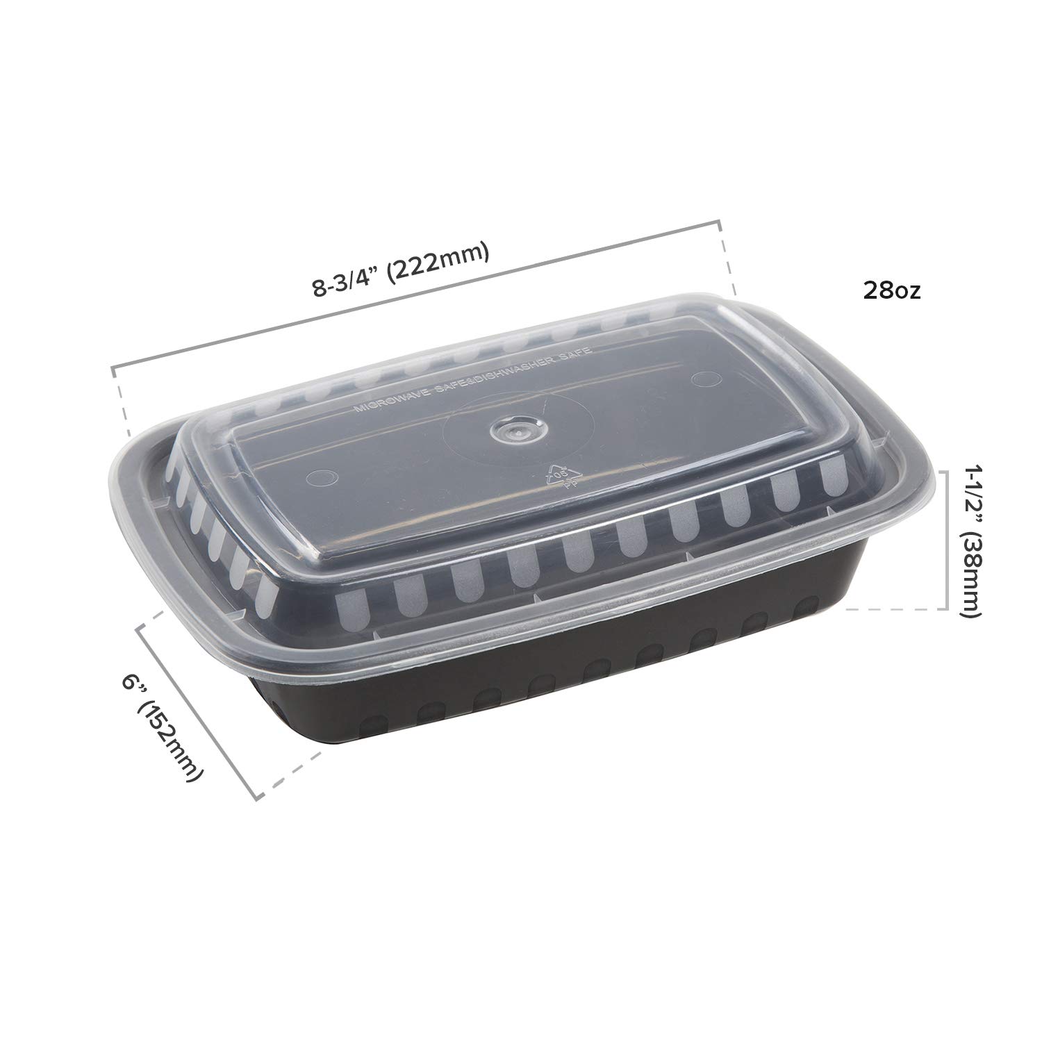 150-Pack AmerCare 7.75 x 5.5 Inch Black Plastic Food Storage Containers with Lids | 24oz, 1.5