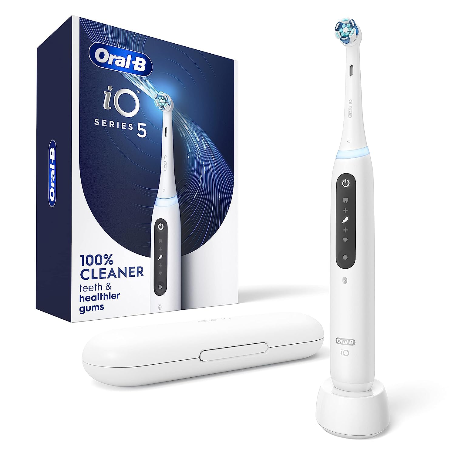 Oral-B iO Series 5 Rechargeable Electric Toothbrush with Smart Pressure Sensor, 2-Minute Timer & 5 Cleaning Modes - Includes 1 Brush Head & Travel Case (White) - Perfect for Home, Travel & Gentle Gum Care