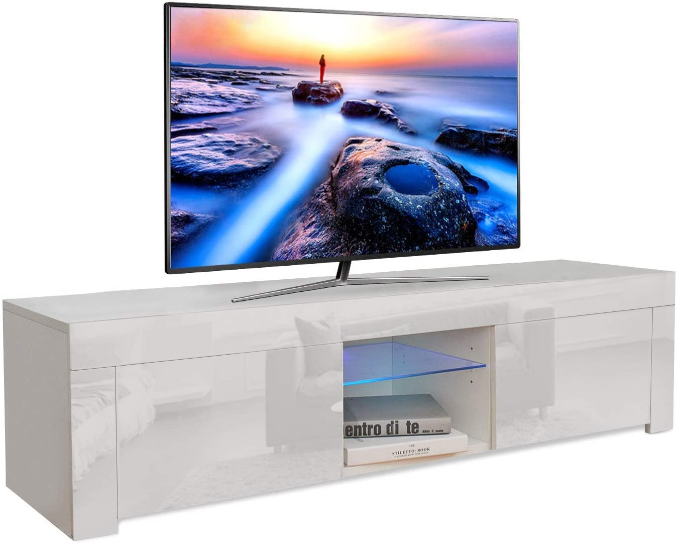 Estink Modern Entertainment Center TV Stand with Blue LED Lights - High-Gloss Media Console Cabinet with Drawers & Storage for Flat Screen TVs - Perfect for Living Room, Home Theater & Gaming Setup (US Plug)