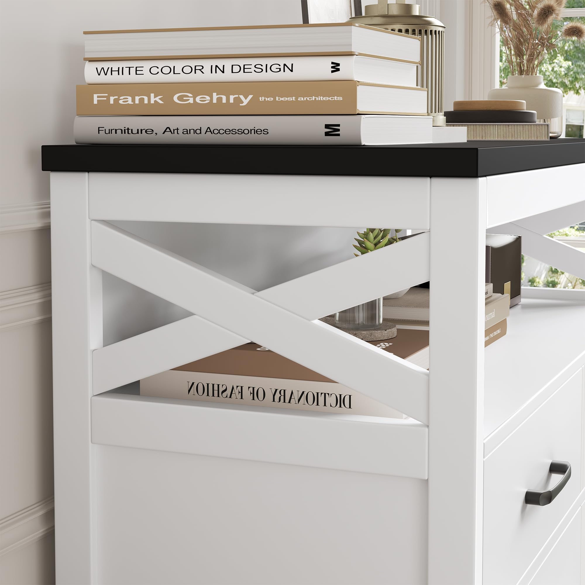 Modern Farmhouse Buffet Sideboard - Wood Kitchen Storage Cabinet with Shelves, Doors & Drawers - White and Black Coffee Bar Cabinet for Living Room, Dining Room & Home Decor - Perfect for Entertaining, Storage & Display