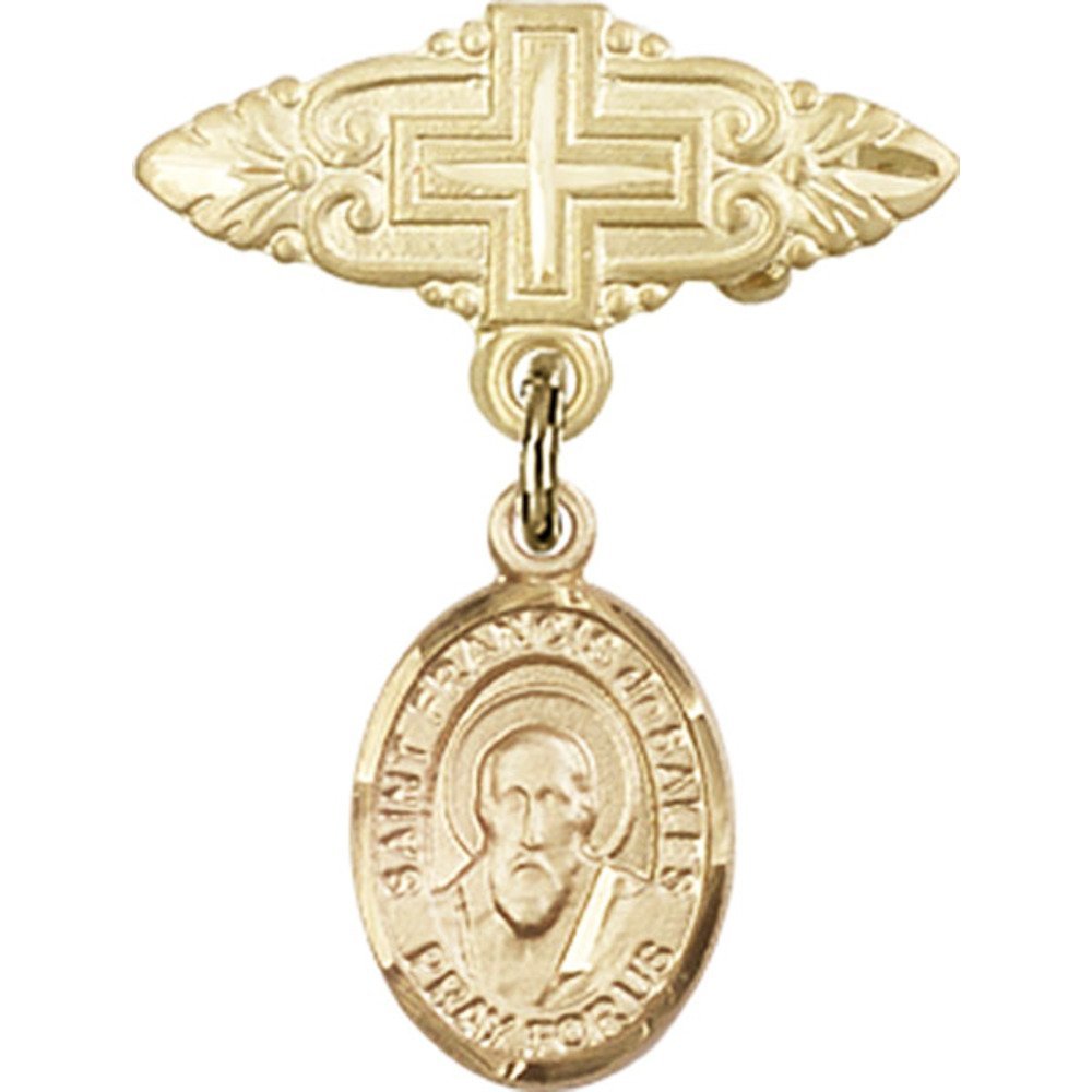 St. Francis de Sales Gold Filled Baby Badge with Cross Charm - 1 X 3/4 Inch Religious Pin for Baptism, First Communion & Christening Gifts - Catholic Jewelry for Infants & Newborns