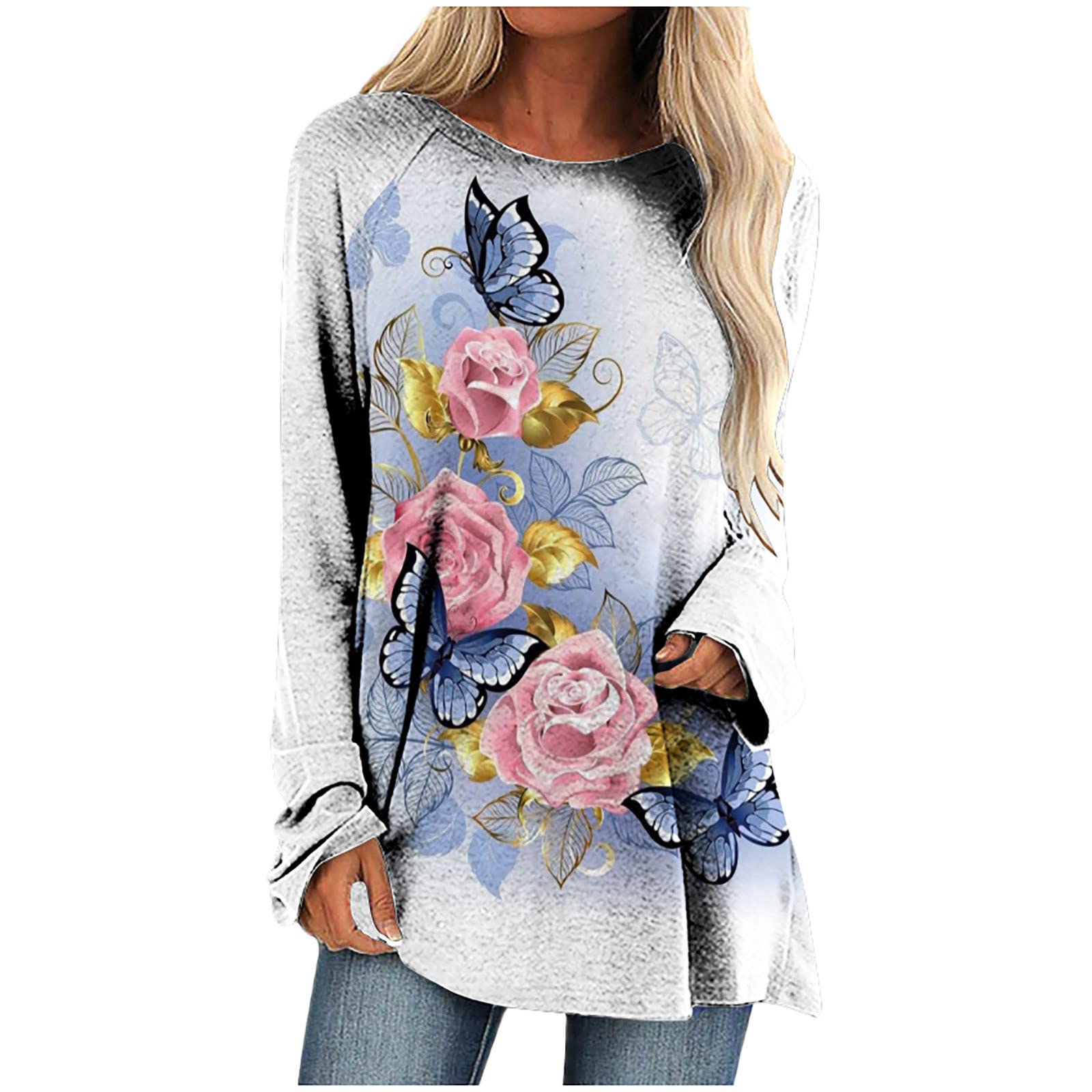 Women's Long Sleeve Bikini Top - Floral Print Crewneck Blouse, Loose Fit T-Shirt for Yoga, Beach Cover-Up & Casual Wear | Easy Matching Activewear