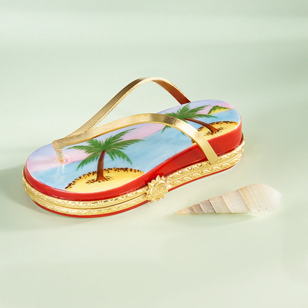 Handpainted Limoges French Porcelain Beach Sandal Ornament with Palm Tree Box & Loose Shell - Perfect for Coastal Home Decor, Summer Gift Ideas & Beach-Themed Collections