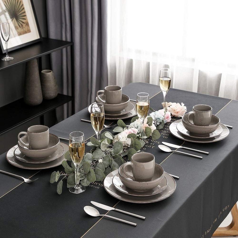 16-Piece Vintage Ceramic Stoneware Dinnerware Set - Heavy Duty Dishwasher & Microwave Safe, Scratch Resistant - Light Grey Plates, Bowls & Mugs for 4 - Perfect for Family Dinners, Entertaining Guests & Everyday Use