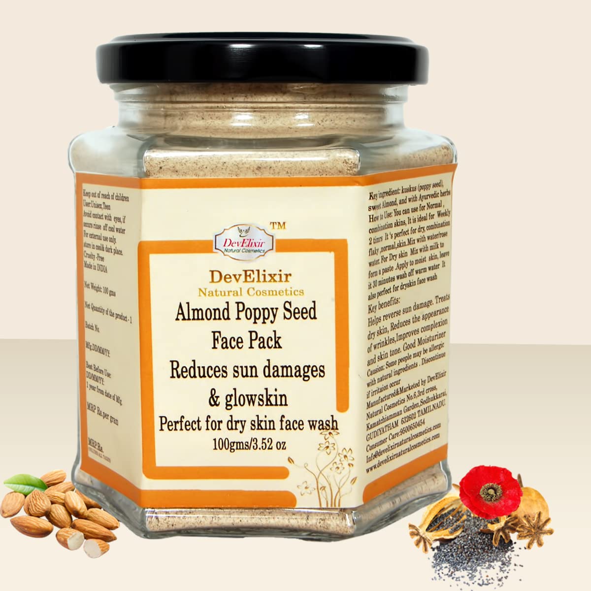DevElixir Natural Almond Poppy Seed Face Pack - Ubtan Powder for Glowing Skin, Reduces Sun Damage, Perfect for Dry & Flaky Skin | Gentle Facial Cleanser for Daily Skincare Routine