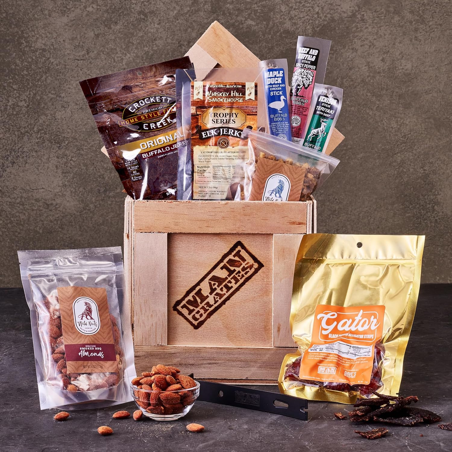 Exotic Meats Gift Crate – 6 Premium Jerky Flavors (Venison, Alligator, Elk) & Nut Snacks – Handcrafted Wooden Box with Laser-Etched Crowbar – Perfect for Adventurous Foodies, Unique Gifts & Outdoor Enthusiasts
