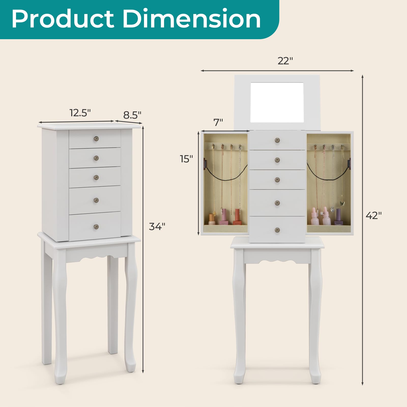 GOFLAME Standing Jewelry Cabinet Armoire with Flip Mirror, 4 Drawers & 8 Necklace Hooks - White Jewelry Storage Organizer for Bedroom, Vanity & Closet - Perfect for Necklaces, Rings, Earrings & Bracelets Organization