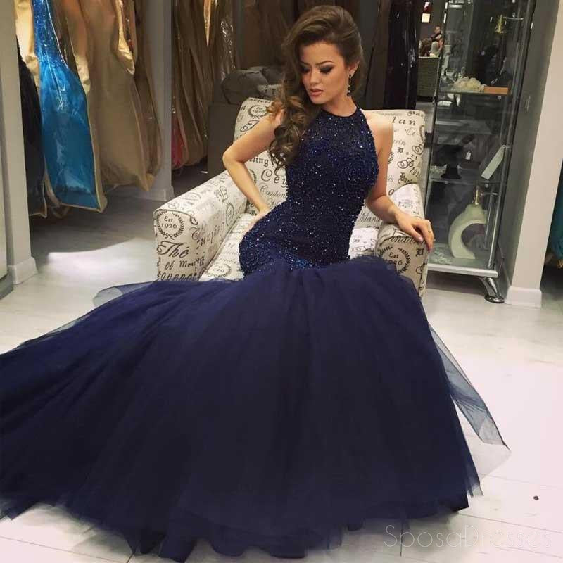 Elegant Navy Blue Halter Neck Mermaid Prom Dress with Beaded Open Back - Perfect for Evening Parties, Formal Dances & Special Occasions