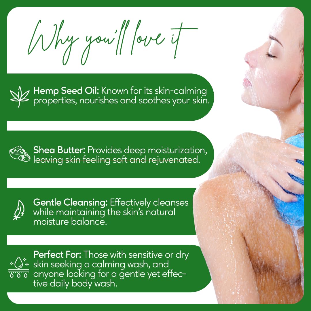 Careberry Hemp Seed Oil & Shea Butter Body Wash - Sulfate & Paraben Free, Ayurvedic Certified, 300ml | Daily Moisturizing for Dry Skin, Perfect for Shower & Bath Routine