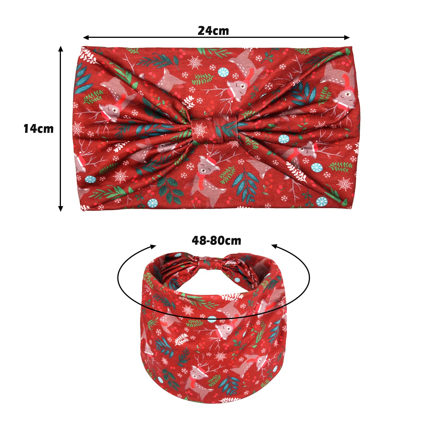 HIXNUG 4Pcs Christmas Turban Headbands - Wide Elastic Boho Hair Bands with Xmas Tree & Snowman Print - Festive Holiday Accessories for Women & Kids (Perfect for Christmas Parties, Family Gatherings & Photo Shoots)