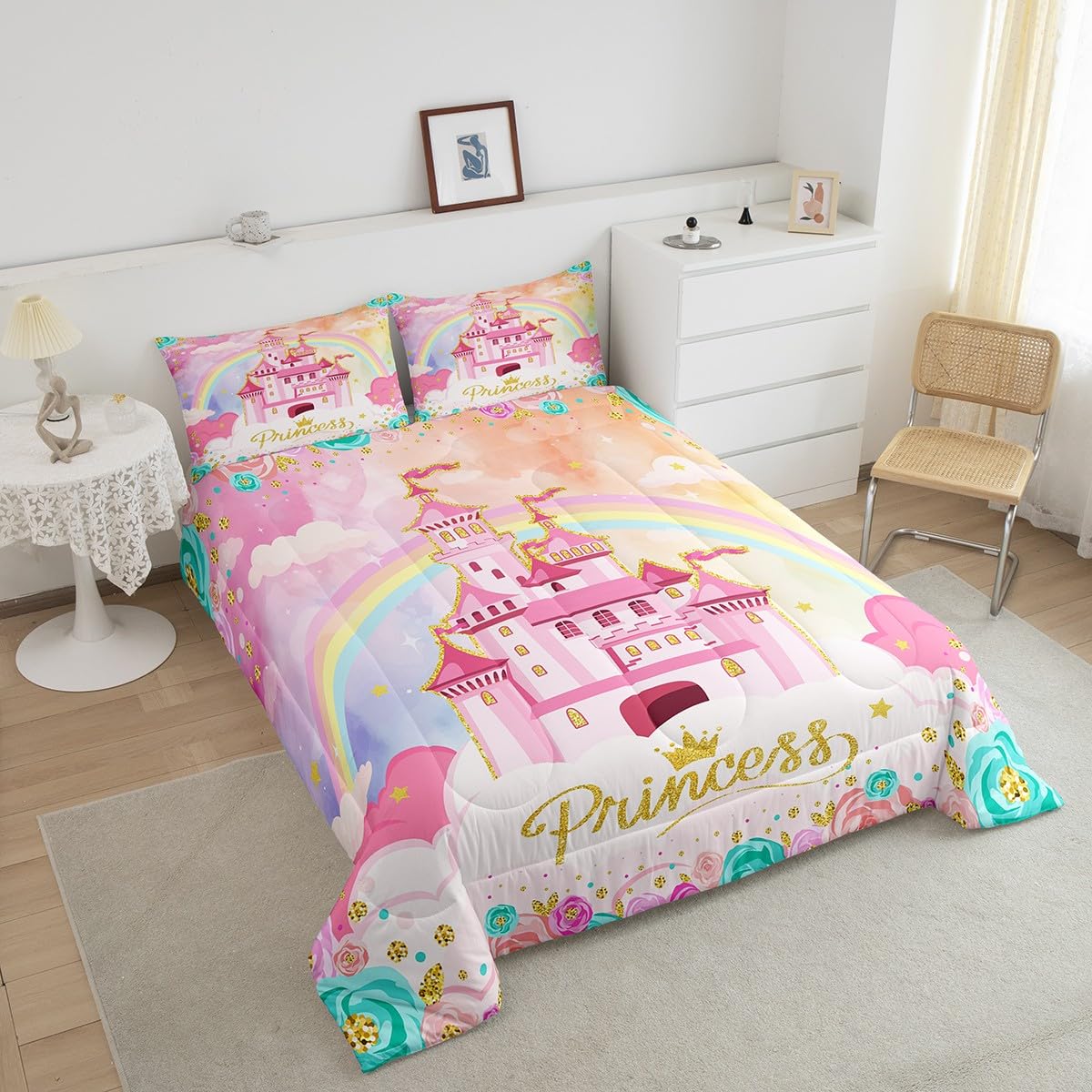 Fairy Tale Princess Comforter Set Twin Size 2 Pcs - Starry Rainbow Sky Glitter Bedding with Flowers & Castle Design for Girls' Bedroom | Dreamy Pink Duvet Insert & Pillowcase | Perfect for Kids' Room Decor, Birthday Gifts & Fantasy Themed Bedrooms