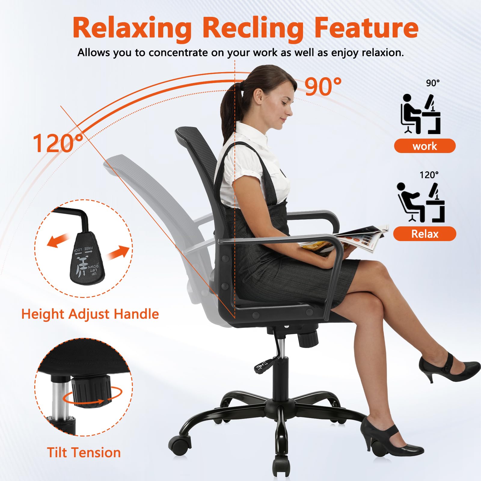 CLATINA Ergonomic Office Chair - Mid Back Mesh Computer Desk Chair with Adjustable Height & Lumbar Support, Rolling Swivel for Home Office, Black - Perfect for Long Work Hours & Gaming Sessions