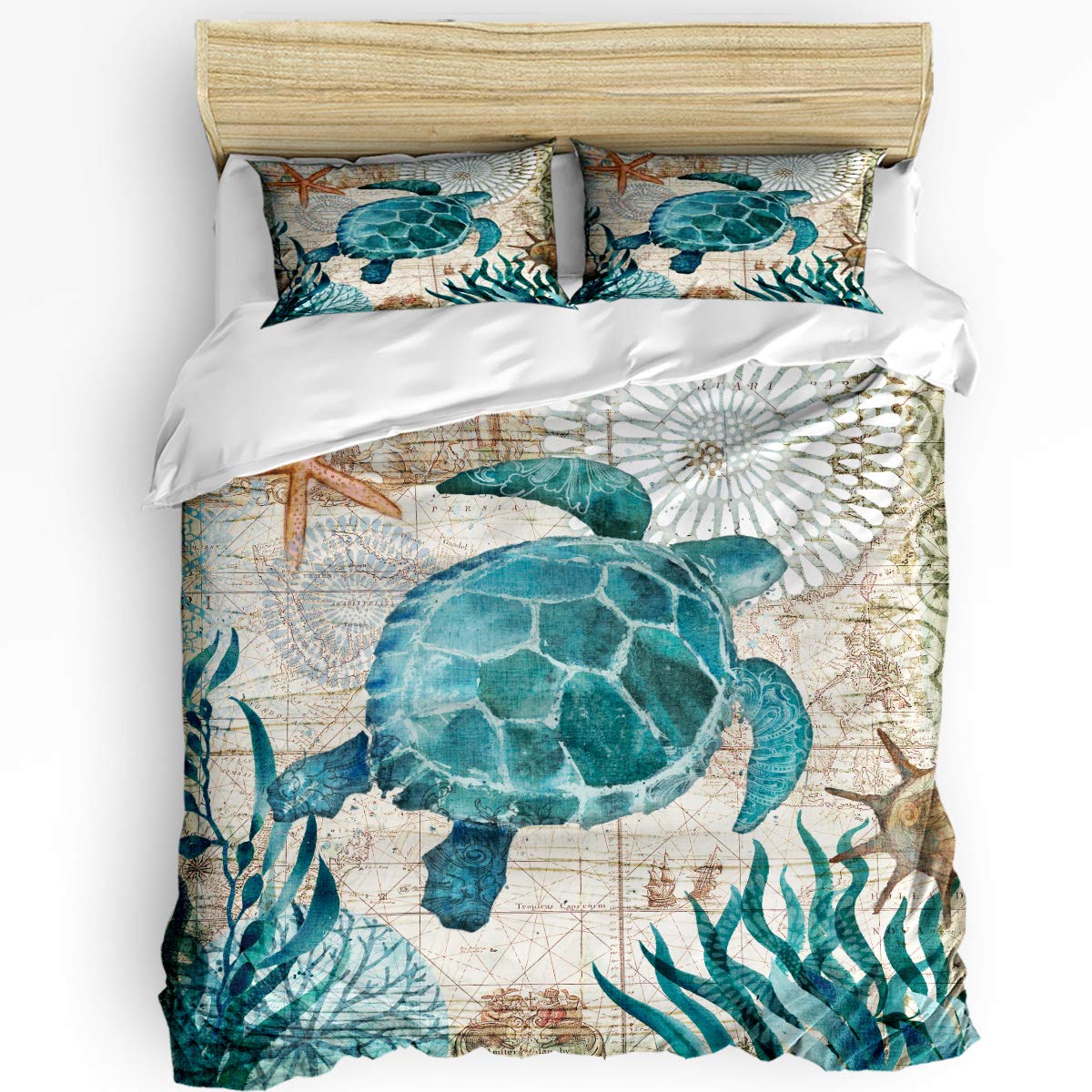 Alandar 3-Piece Watercolor Ocean Animals Duvet Cover Set - Ultra Soft California King Bedding with 2 Pillowcases for Kids, Teens, Women & Men | Sea Turtle Print Quilt Set for Coastal, Nautical or Beach Themed Bedroom Decor
