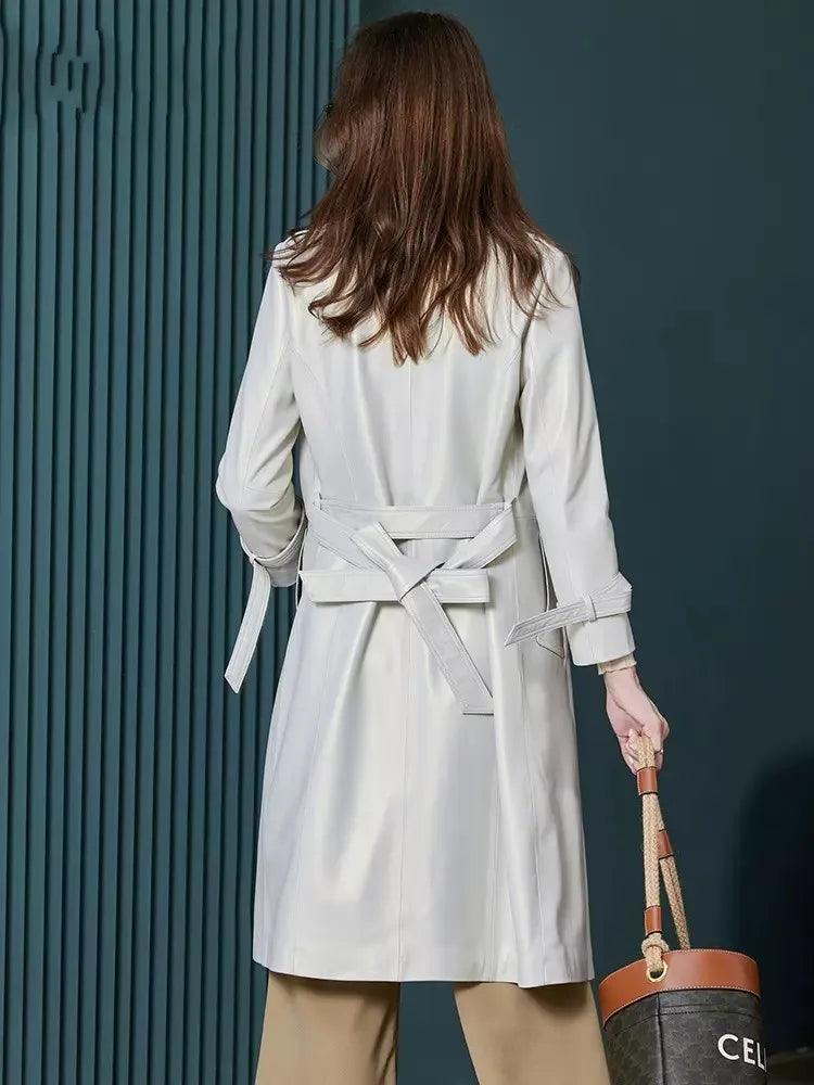 Luxury Women's Genuine Sheepskin Leather Trench Coat - Slim Fit White Belted Windbreaker for Fall & Winter | Office Wear, Business Attire, Formal Outerwear