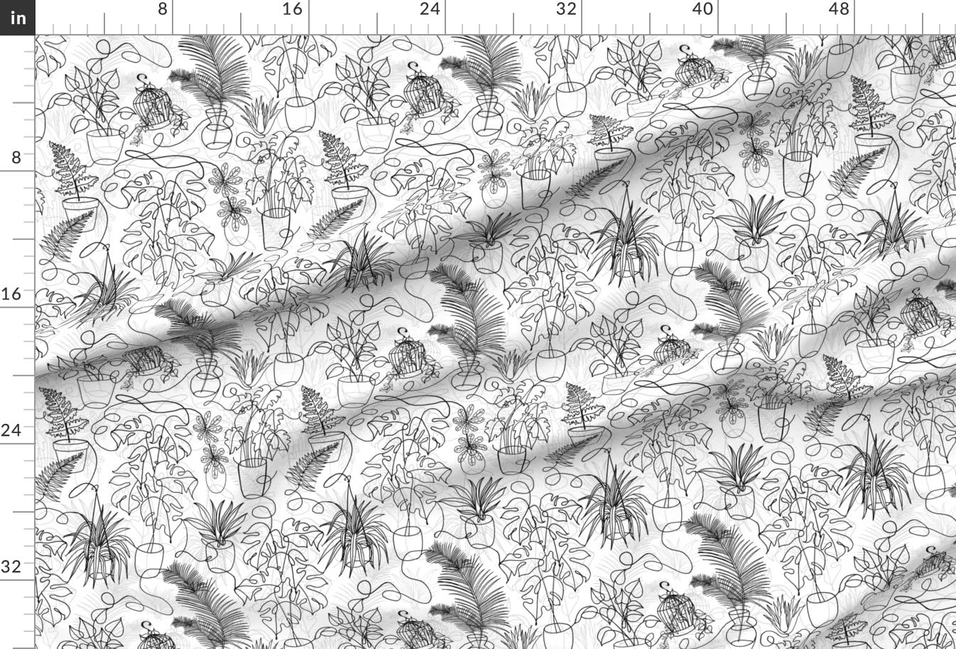Premium Spoonflower Upholstery Velvet Fabric - Black & White House Plants, Fern, Bird & Sun Line Art Print by The Yard | Home Decor, Furniture, Apparel & DIY Projects