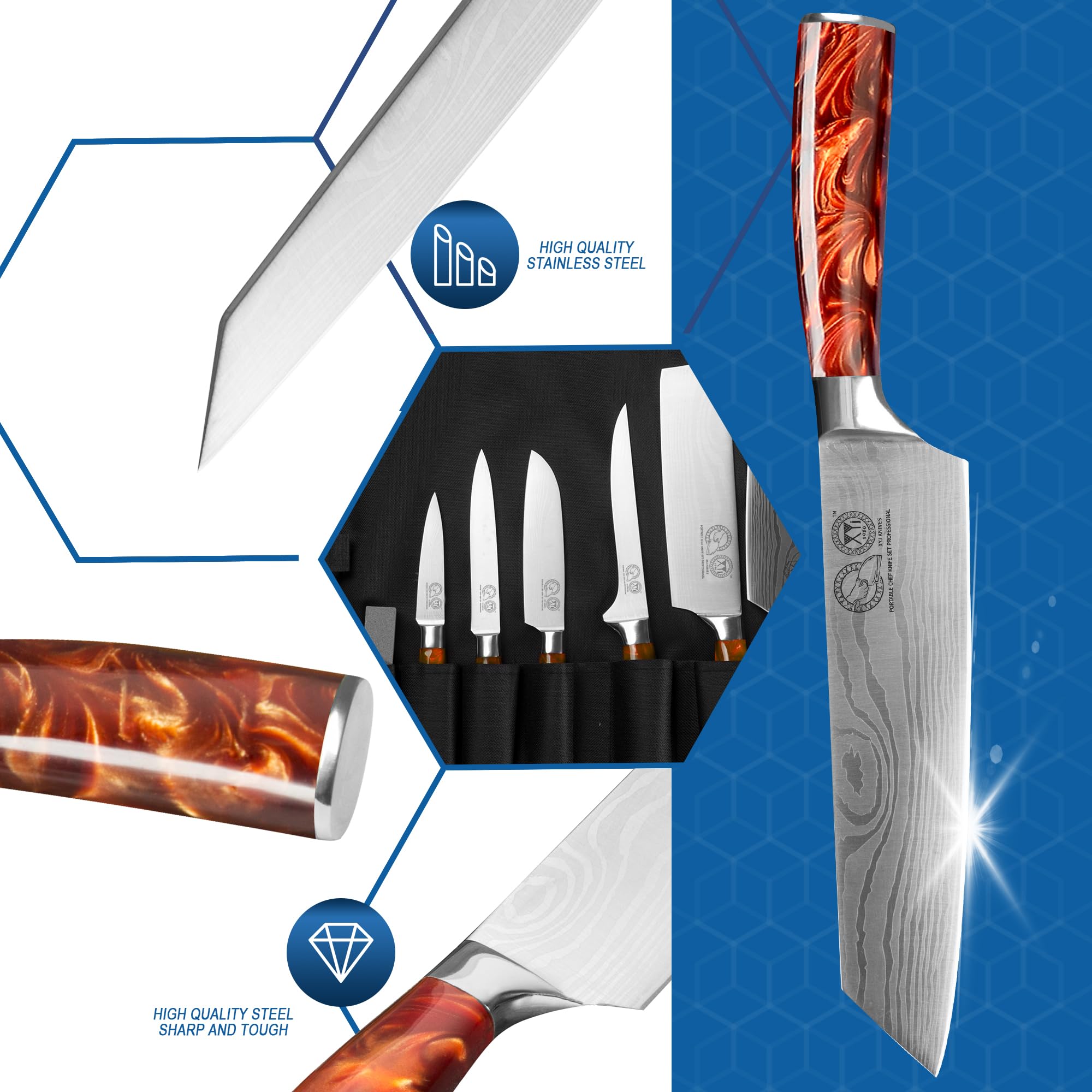XYJ Professional 15-Piece Chef Knife Set with Storage Case - High Carbon Stainless Steel Kitchen Knives for Cooking, Slicing & Dicing - Includes Chef Knife, Utility Knife, Scissors & More - Perfect Gift for Home Chefs & Culinary Enthusiasts (Orange) - Ideal for Professional Kitchens, Home Cooking & BBQ Parties