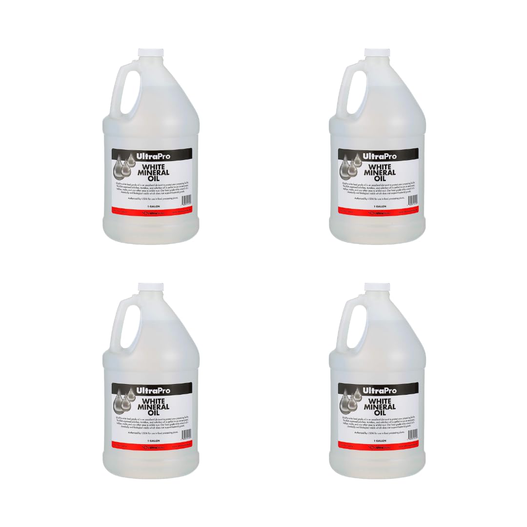 Food Grade Mineral Oil for Cutting Boards & Butcher Blocks - UltraPro 100% Pure USP Grade Lubricant for Wood, Stainless Steel, Knives & Tools (4-Pack 1 Gallon Jugs) - Ideal for Kitchen, Workshop & Food Processing Equipment Maintenance