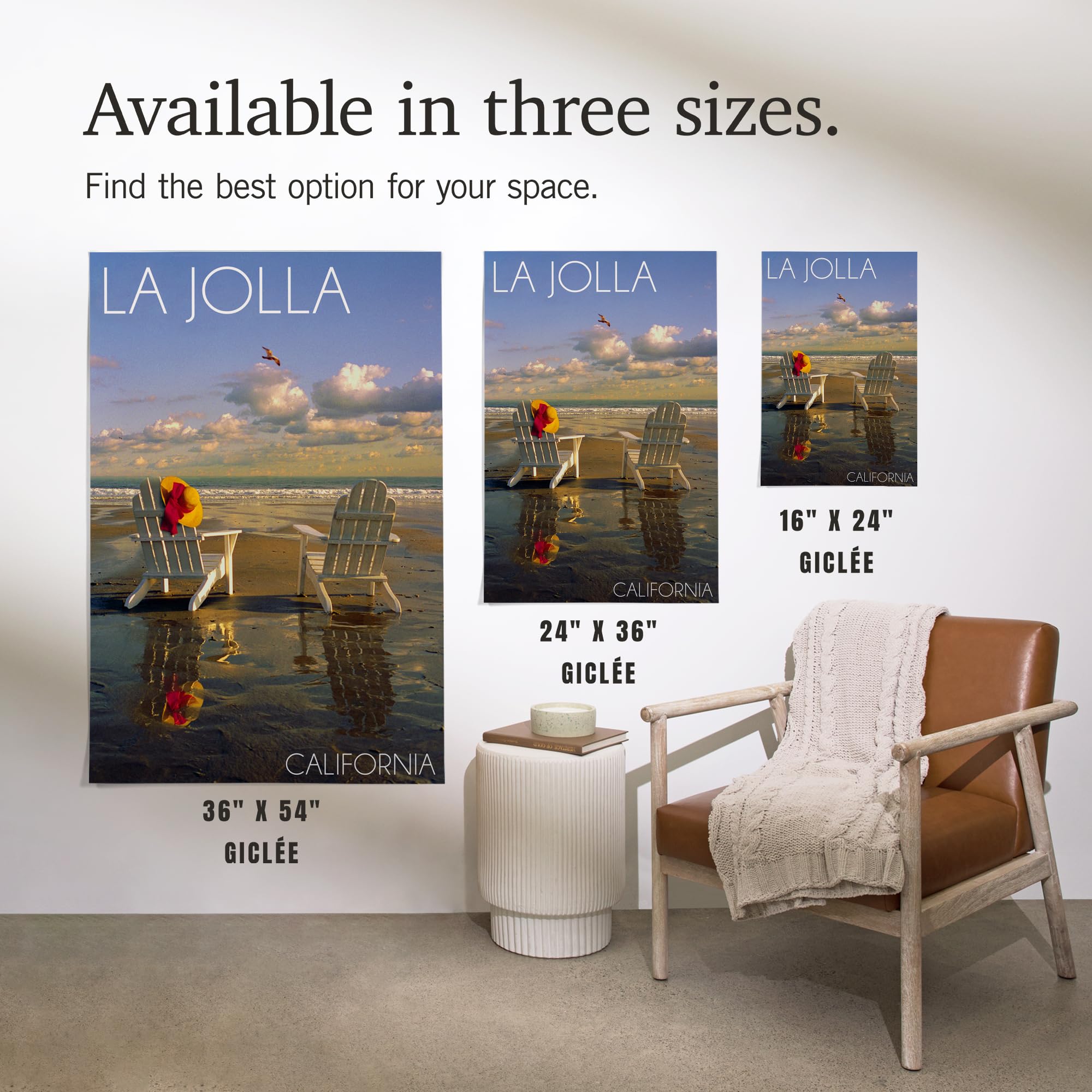 Lantern Press 24x36 Inch Giclee Art Print - La Jolla California Beach Scene with Adirondack Chairs - Premium Wall Decor for Living Room, Bedroom & Office