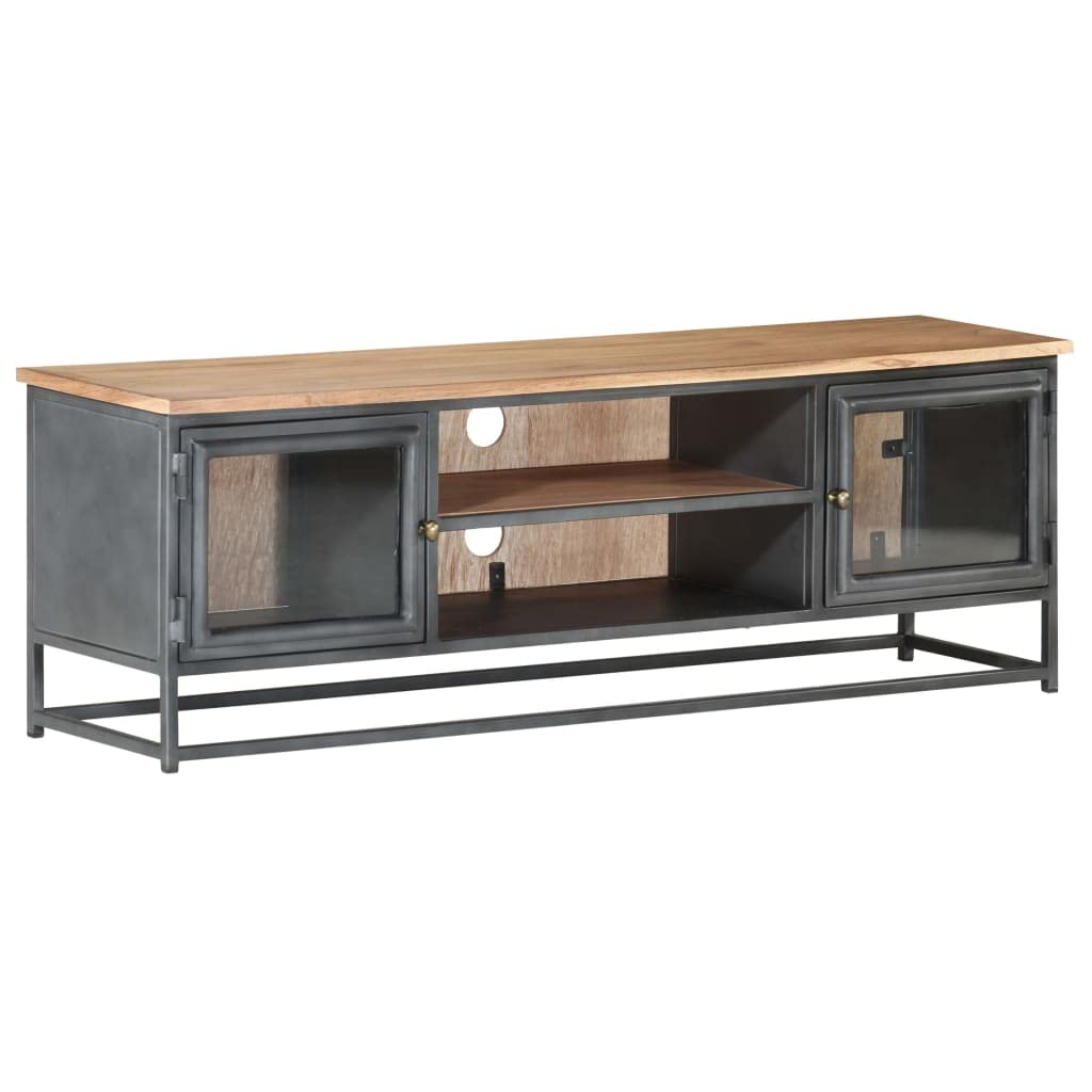 Industrial-Style Acacia Wood TV Stand with Steel Legs - Gray Entertainment Cabinet with Glass Doors & Storage - Perfect for Living Room, Home Theater & Media Organization