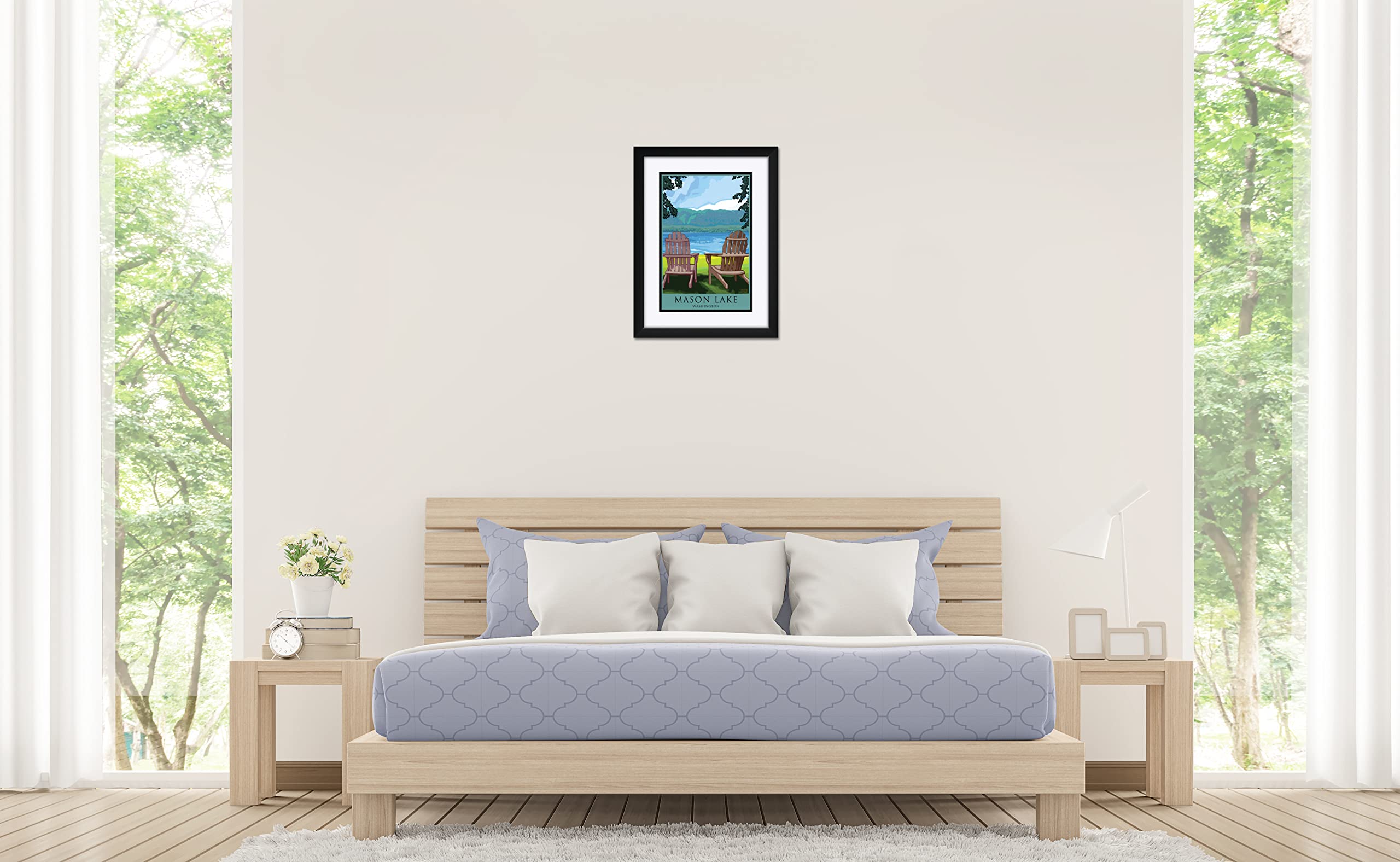 Joanne Kollman Adirondack Chairs Lake Art Print - 18x24 Inch Framed Wall Decor - Mason Lake Washington Landscape Painting - Perfect for Living Room, Bedroom & Office Decoration