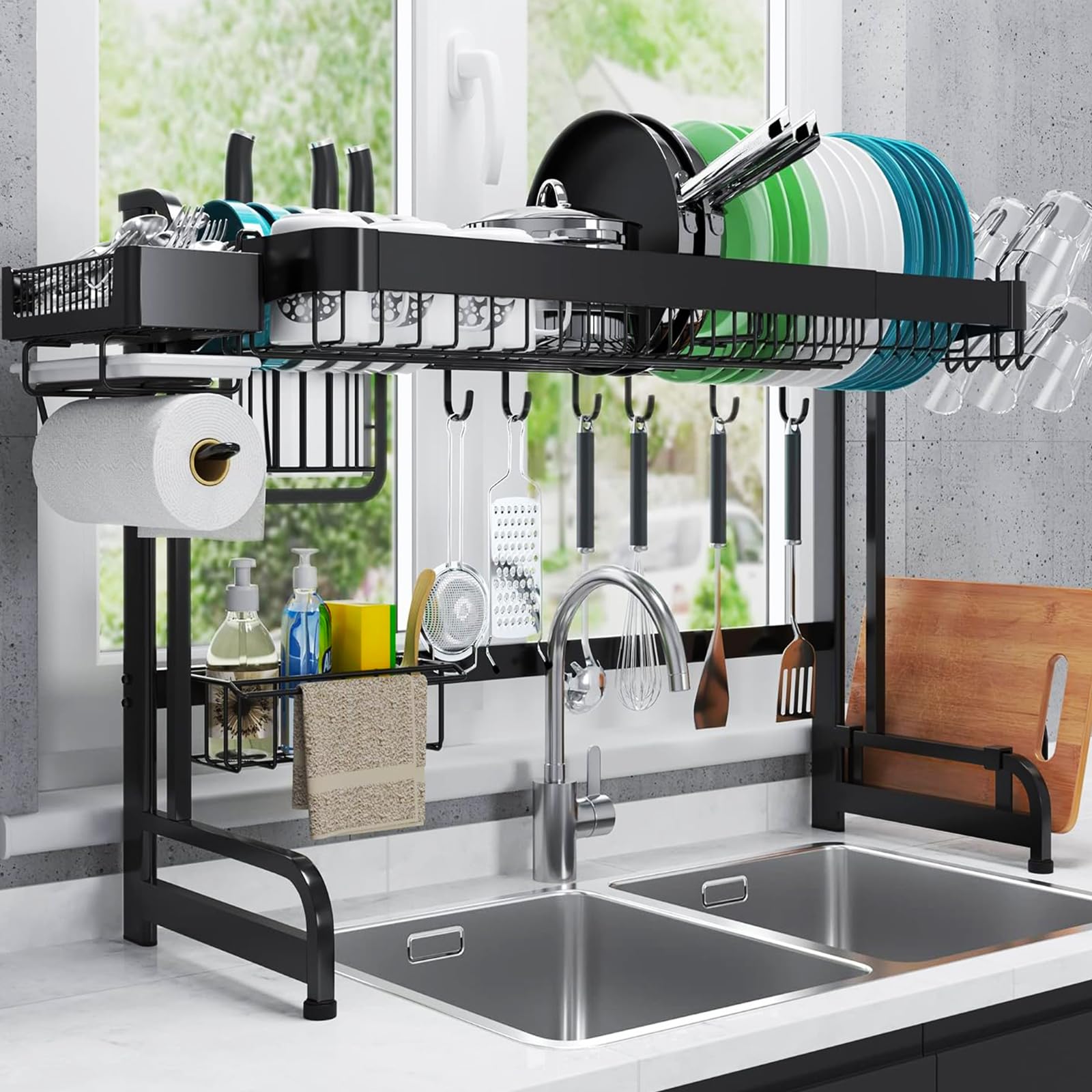 Stainless Steel Over Sink Dish Drying Rack - Adjustable Width (25.6-37.6in) Kitchen Organizer with Utensil Holder & Sponge Caddy | Space-Saving Countertop Storage for Small Kitchens & Apartments