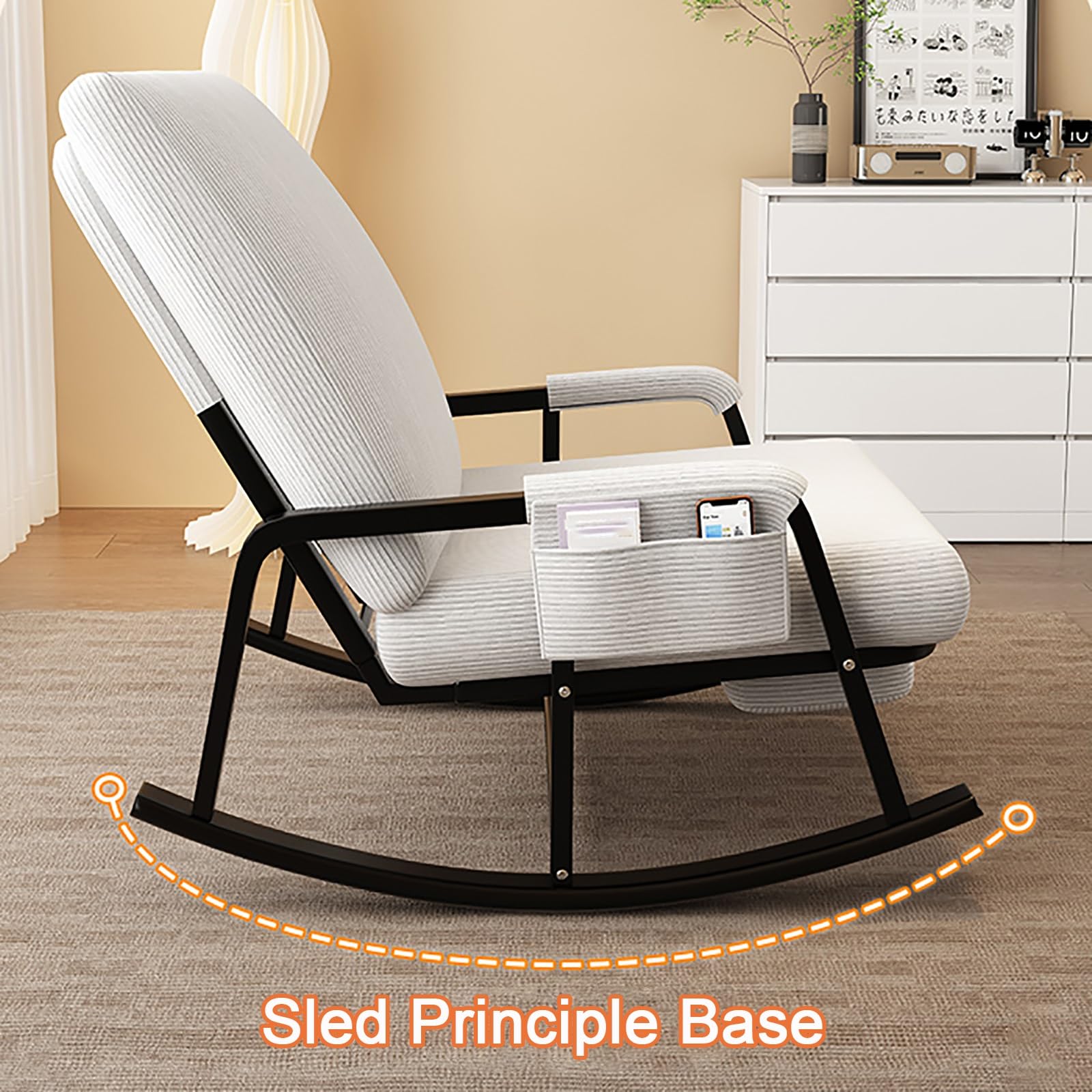 Comfortable Corduroy Glider Rocking Chair with Telescopic Footrest - Nursery, Living Room, Balcony & Terrace Rocker (Off-White, Size B) - Perfect for Nursing, Relaxing & Home Decor