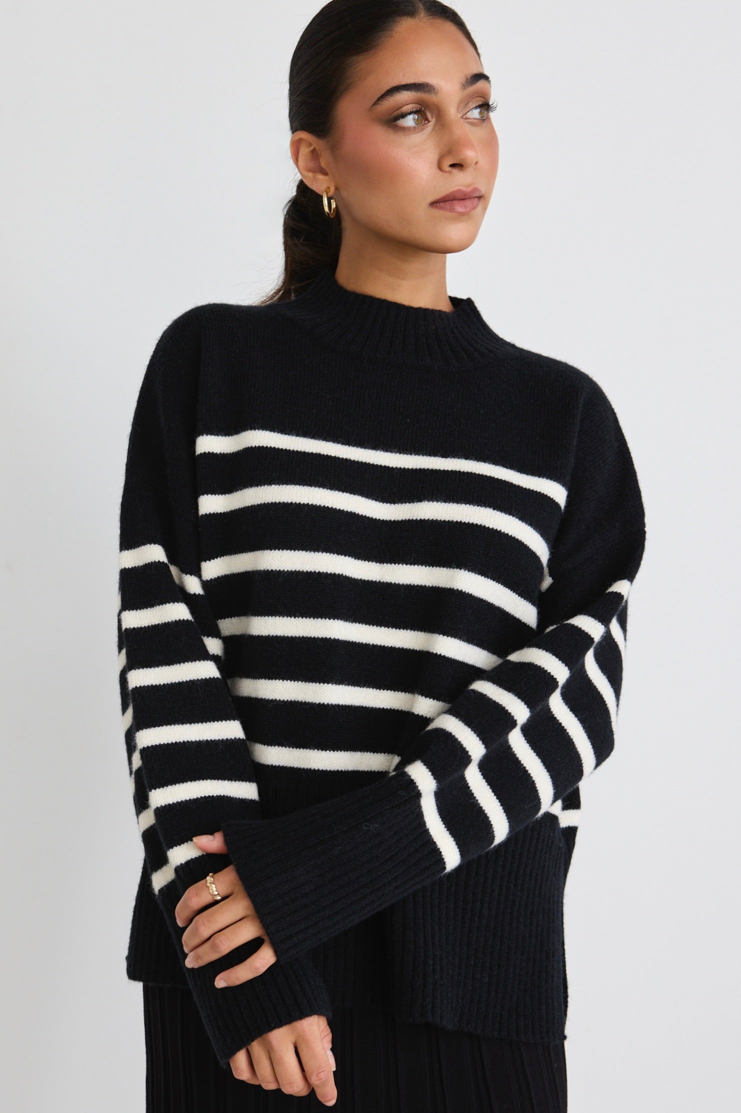 Alaska Black Stripe Funnel Neck Knit Jumper Sweater - Cozy Winter Pullover for Women, Perfect for Casual Outfits & Cold Weather Layering