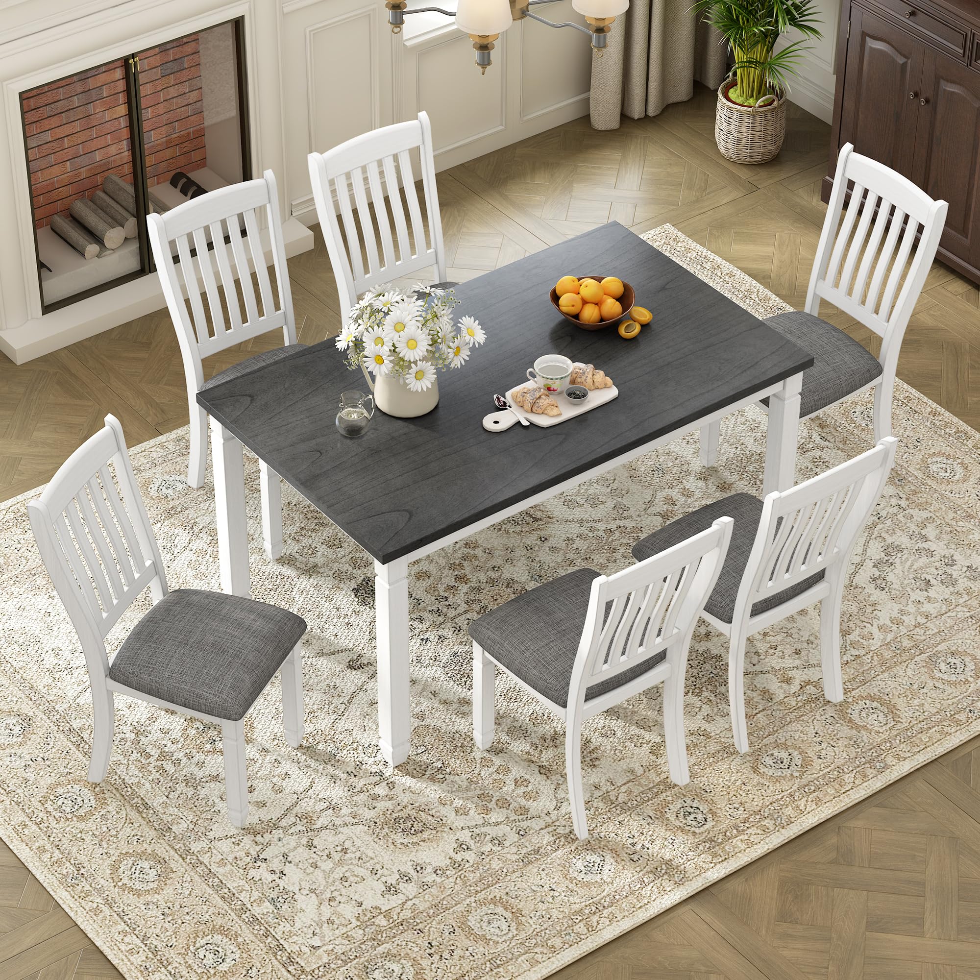 Solid Wood Country Kitchen Table and Chairs Set for 6 - Rustic Farmhouse Dining Room Furniture with Tapered Legs - Perfect for Family Meals, Entertaining Guests & Cozy Breakfast Nooks