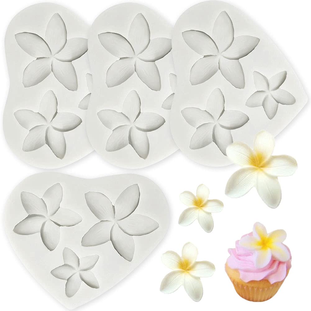 4 Pcs Hawaiian Plumeria Flower Silicone Molds for Baking - Fondant, Chocolate, Cupcake, Cake Topper, Soap Making - DIY Dessert & Craft Decorations (Perfect for Parties, Weddings, and Home Baking Projects)