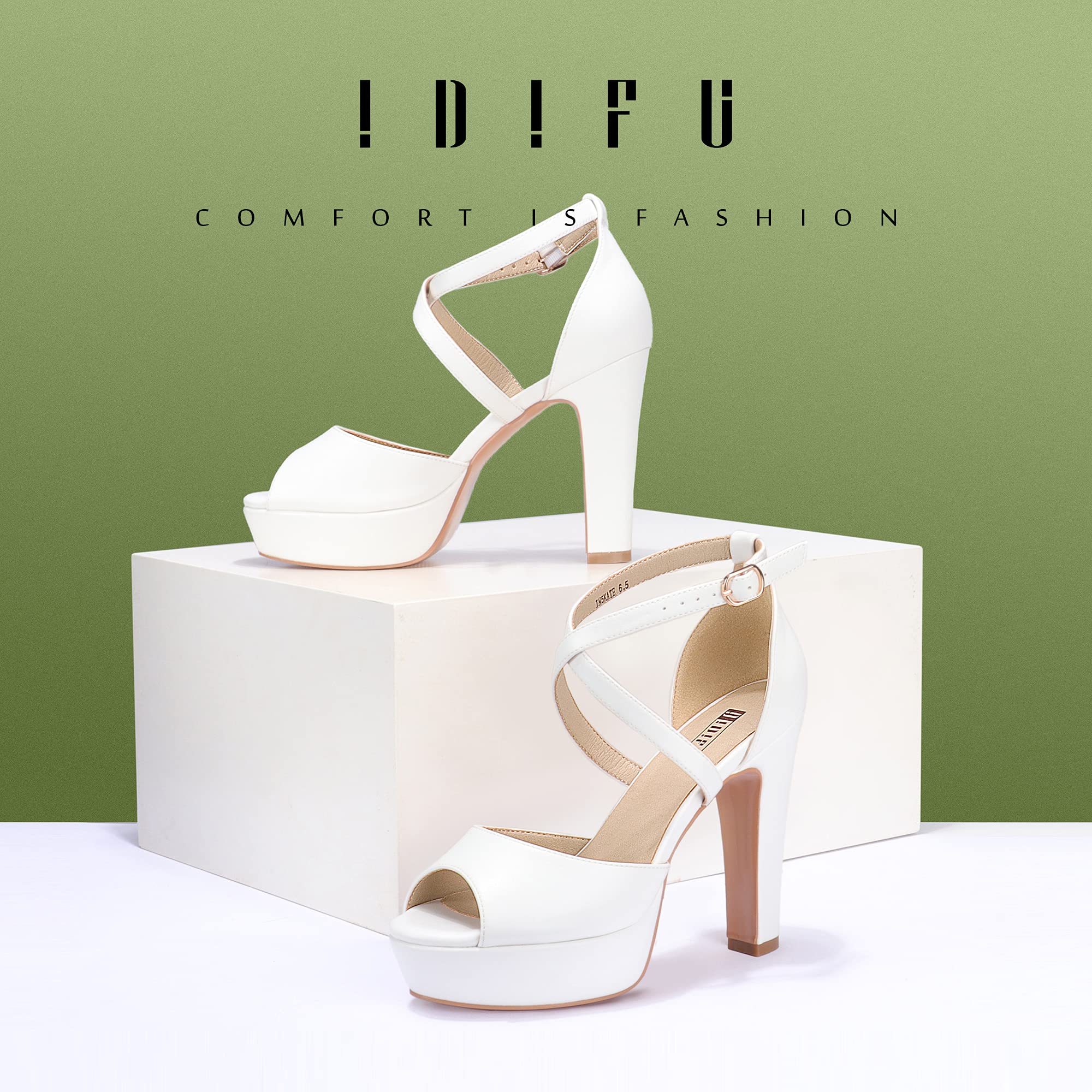IDIFU Women's Chunky High Heel Sandals - Peep Toe Ankle Strap Dress Shoes for Wedding, Party & Evening Events - Comfortable Platform Heels for Bride & Prom