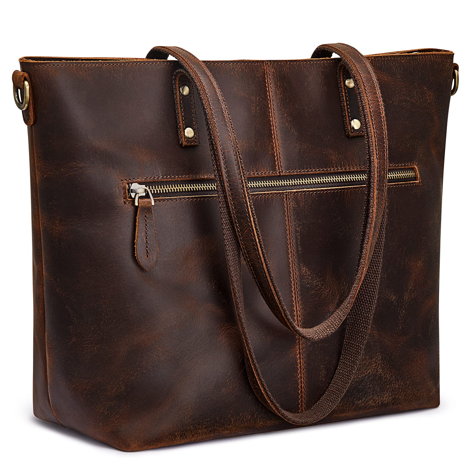 Genuine Leather Tote Bag for Women - Vintage Shoulder Purse with Front Pockets - Stylish Work Handbag for Office, Travel & Daily Use