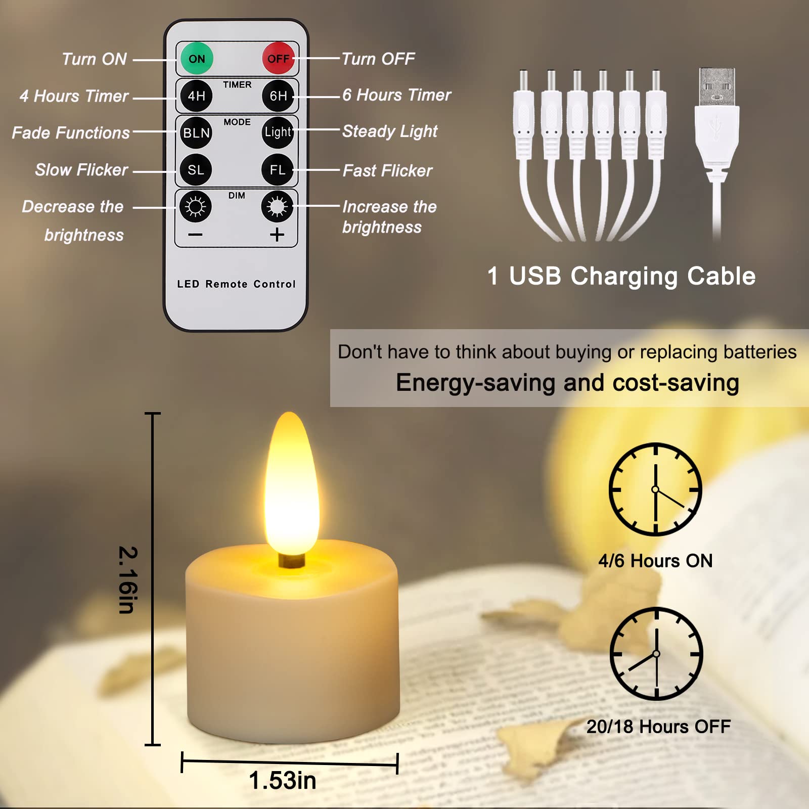 ZIYOODOLI 6-Pack USB Rechargeable LED Candles with Remote Control, Timer & Flickering Flame - Warm White Light, Dimmable Electric Candles for Christmas, Halloween, Home Decor, Parties & Romantic Dinners