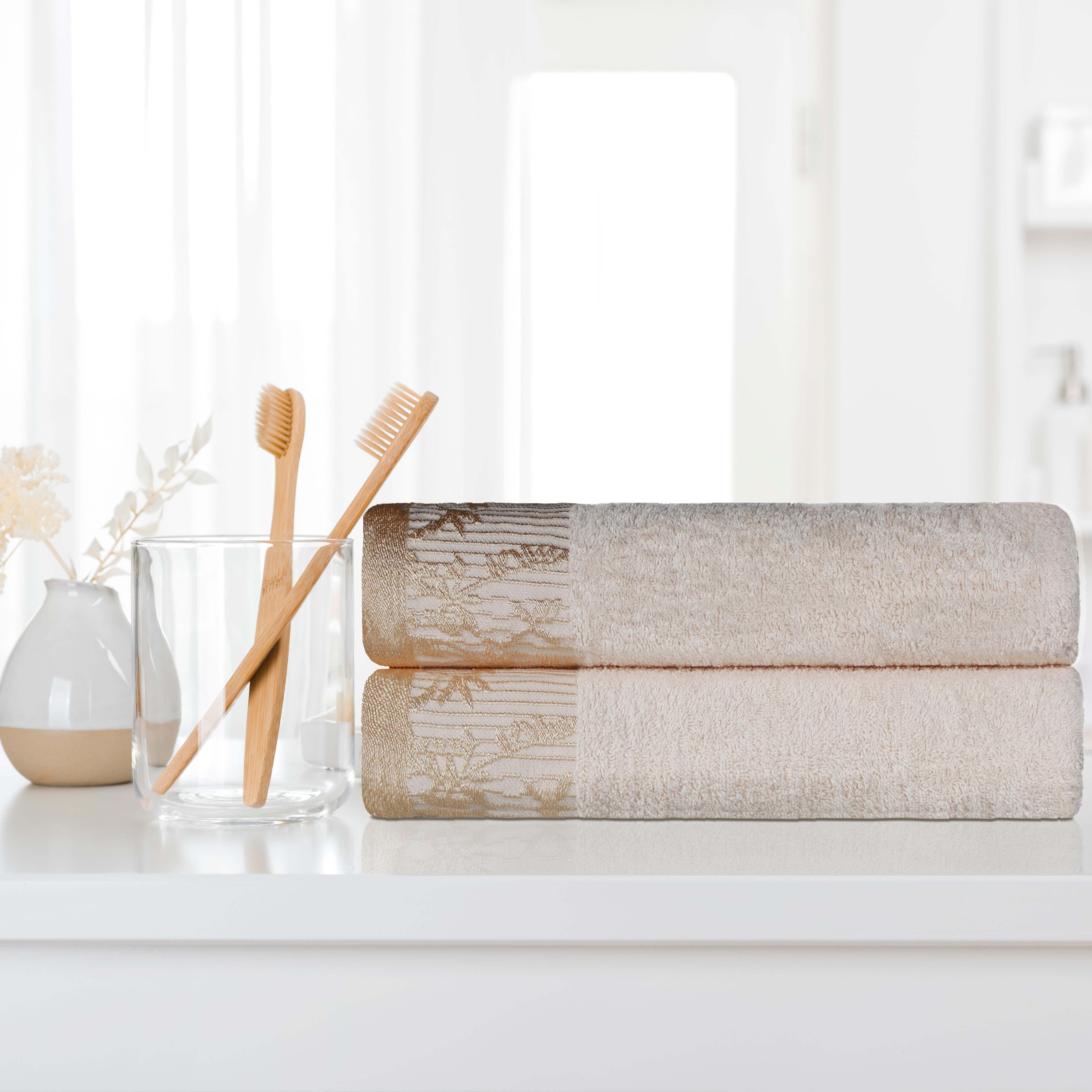Premium Wisteria Cotton Floral Embroidered Jacquard Border Bath Towel Set of 2 - Soft Absorbent Luxury Towels for Spa, Bathroom & Guest Use
