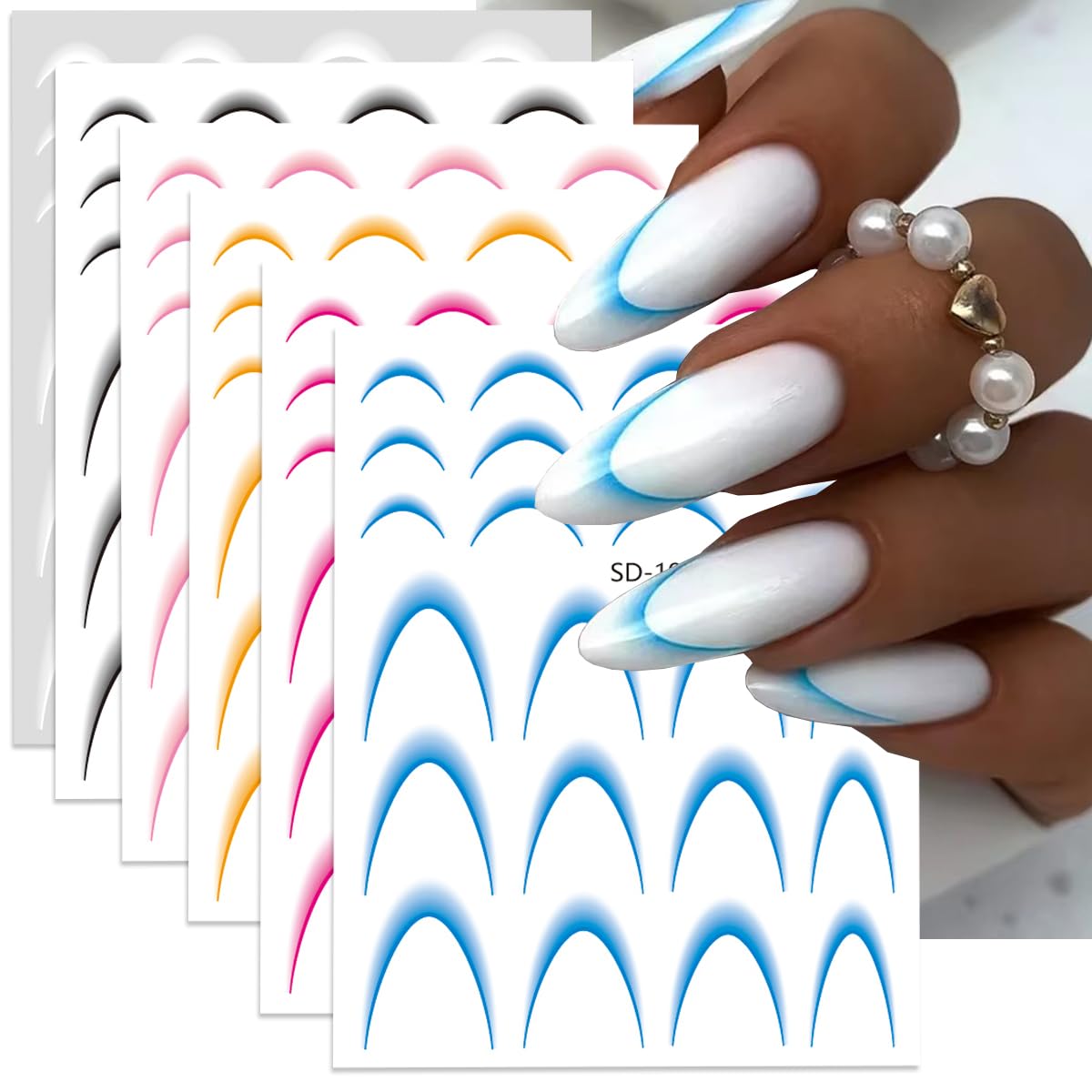Vibrant French Tip Nail Stickers - 6PCS Gradient Stripe Nail Decals with 3D Self-Adhesive Guides | DIY Nail Art Decorations for Women | Perfect for Salon, Home Manicures & Party Nail Designs