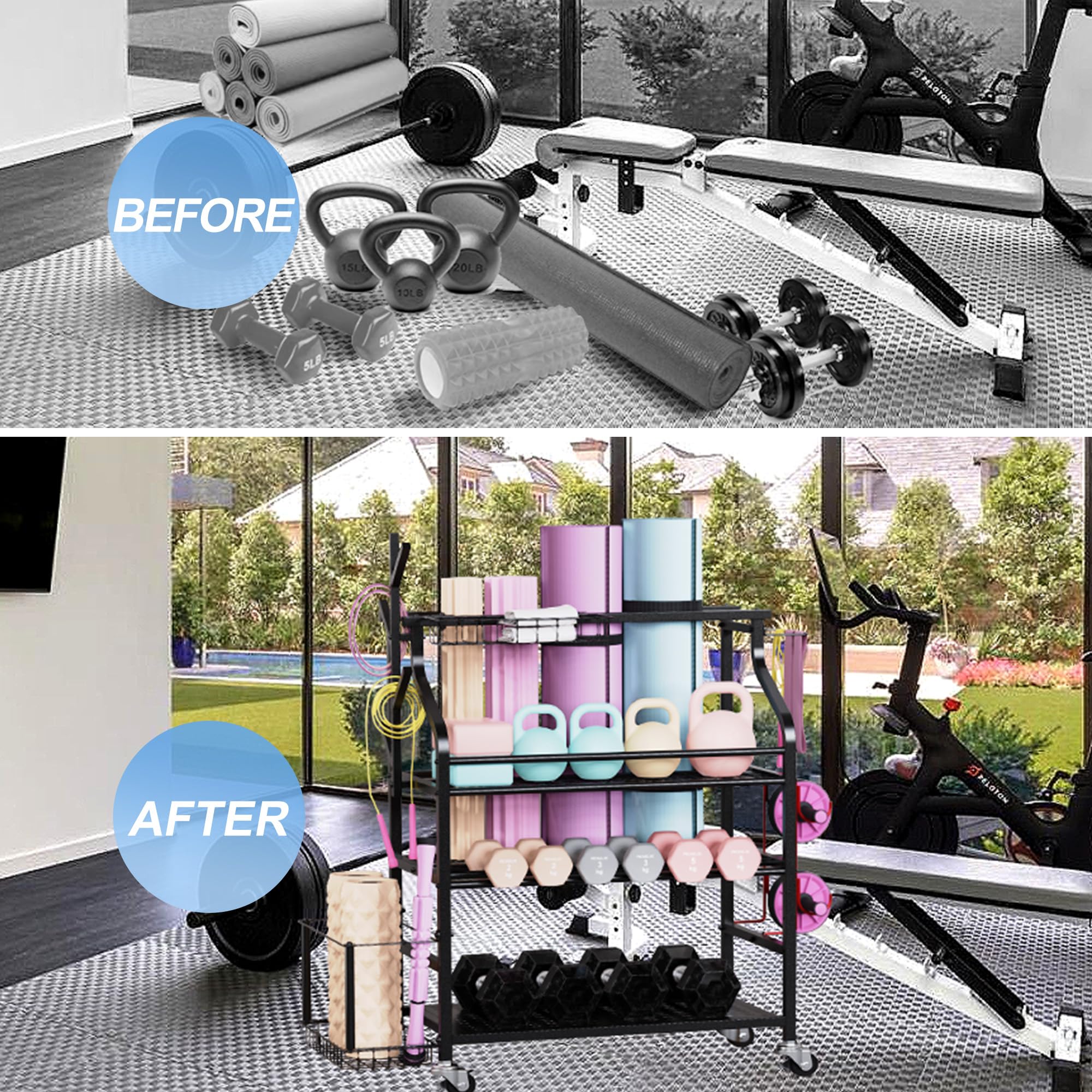Heavy Duty Dumbbell Rack with Wheels - Adjustable Weight Stand for Kettlebell Storage, Home Gym Organizer for Yoga Mat, Foam Roller, Resistance Bands & Workout Accessories - Perfect for Garage Gym Storage and Workout Space Organization