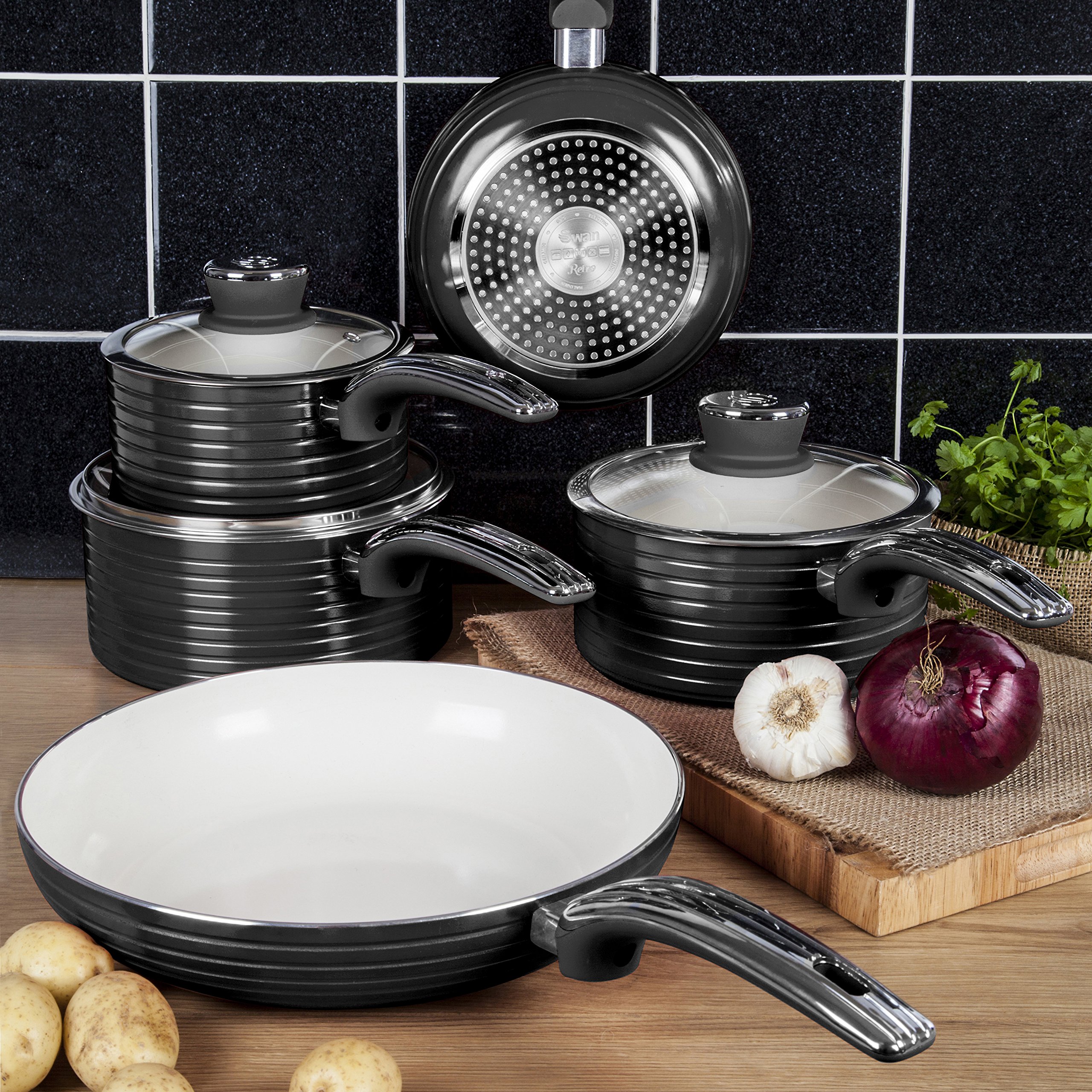 Swan Retro 5-Piece Nonstick Cookware Set - 29.5x47x18cm Black Frying Pans for Kitchen - Perfect for Sauteing, Frying & Serving Dishes