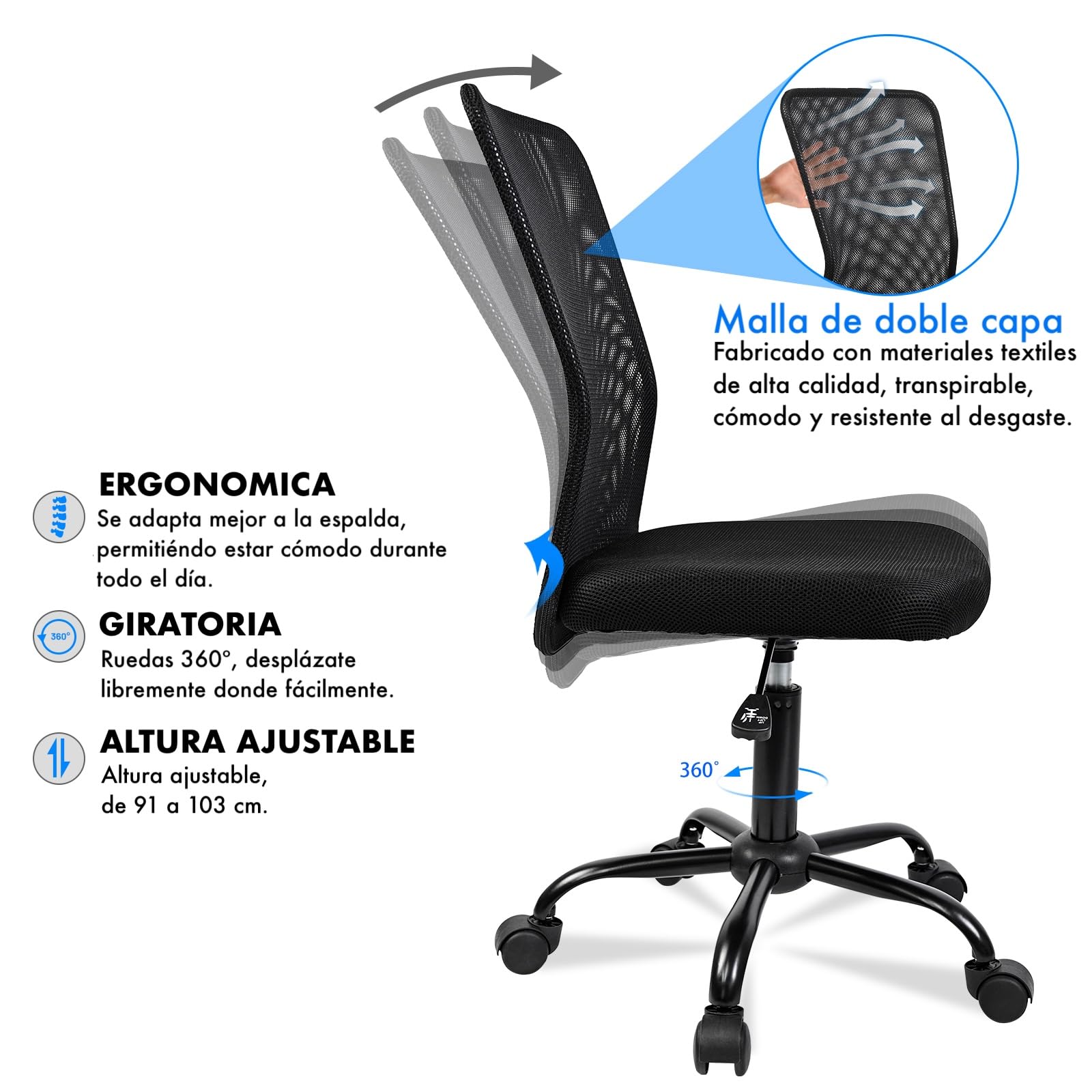 Ergonomic Office Chair Without Arms - Breathable Mesh Desk Chair with Wheels & Swivel Base - Black - Perfect for Home Office, Study & Gaming
